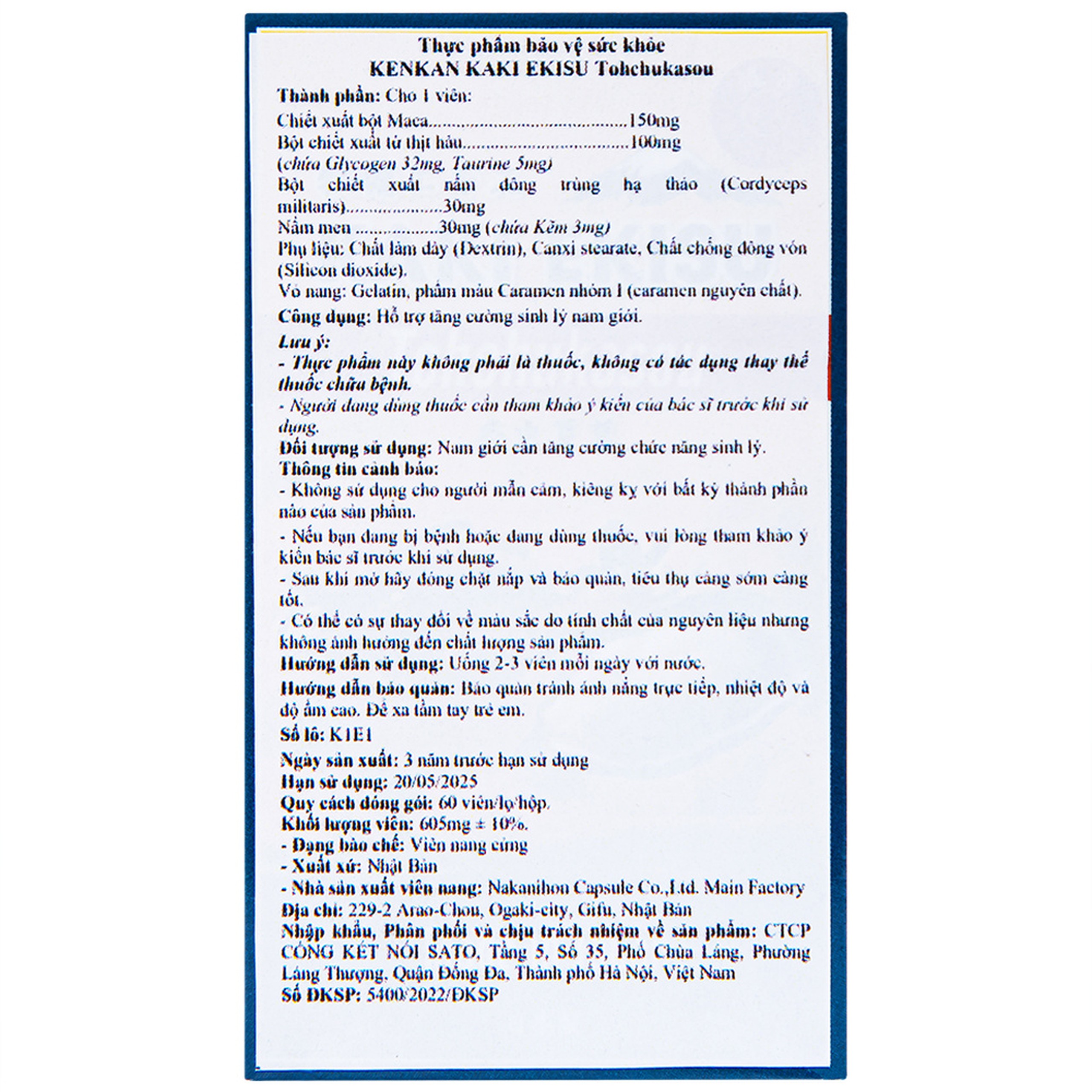 Viên uống Kaki Ekisu Tohchukasou Kenkan hỗ trợ tăng cường sinh lý nam giới (60 viên)