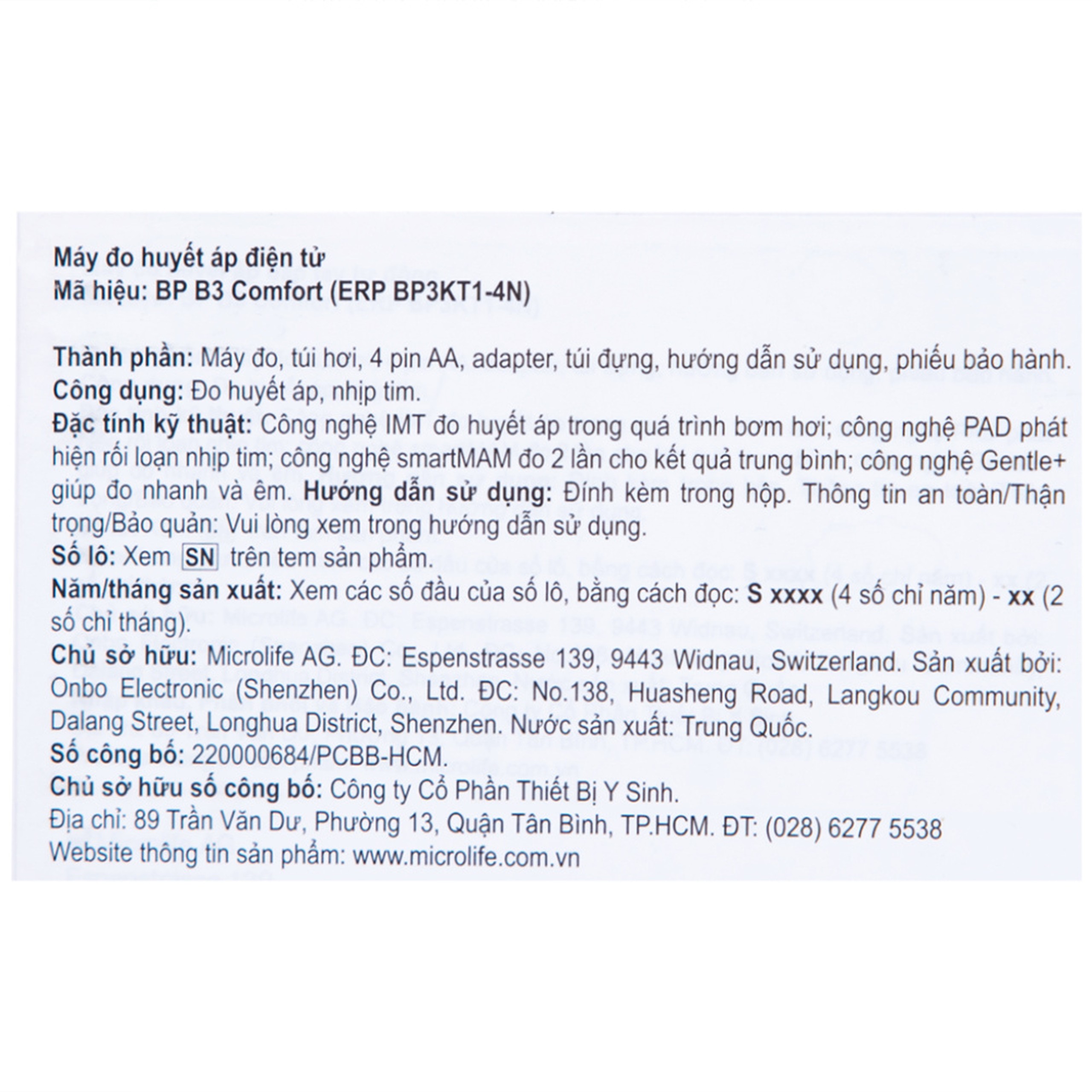 Máy đo huyết áp bắp tay Microlife B3 Comfort hỗ trợ đo huyết áp, nhịp tim