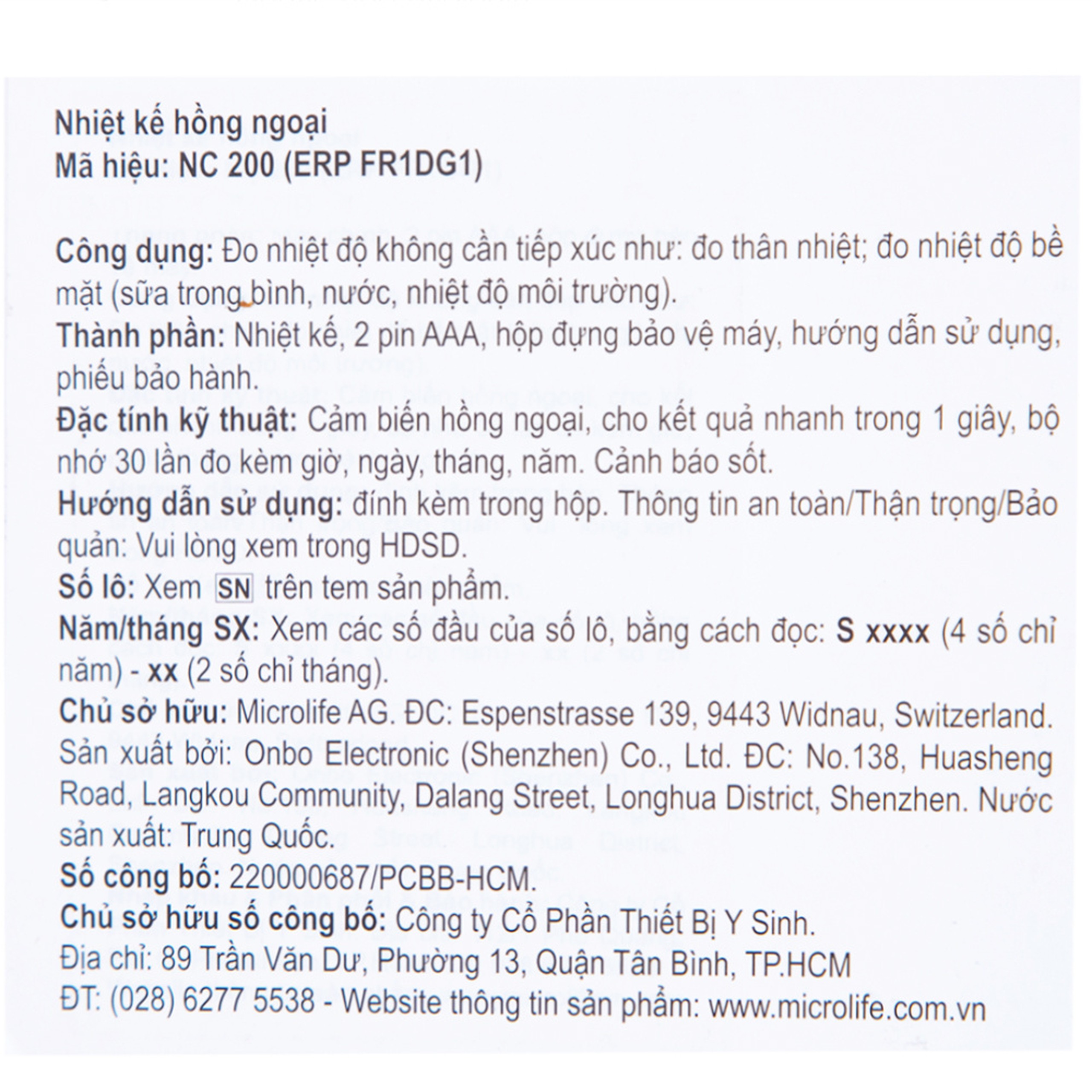 Nhiệt kế hồng ngoại đo trán Microlife NC200