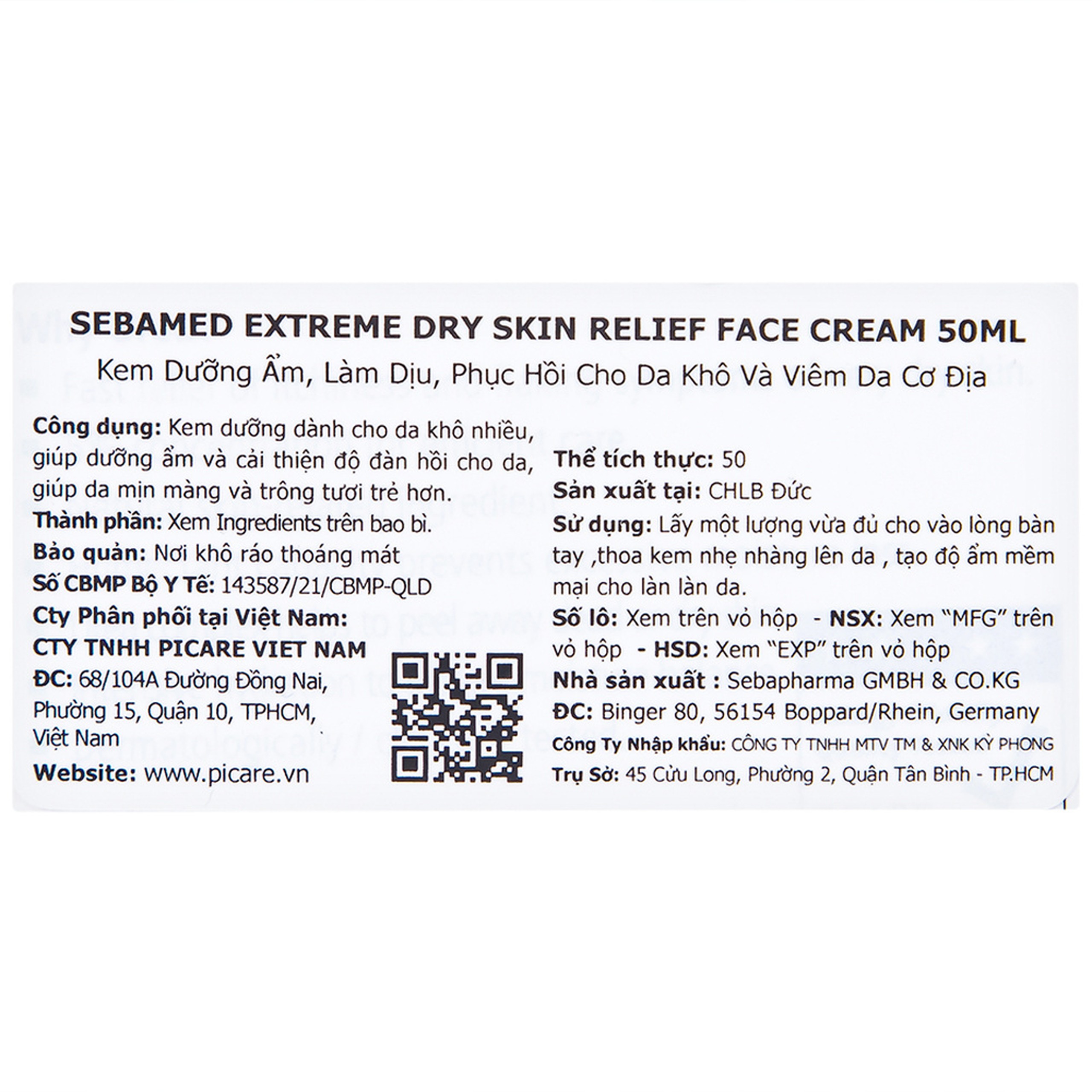 Kem bôi dưỡng ẩm Sebamed Extreme Dry Skin Relief Face Cream 5% Urea cho da khô, viêm da cơ địa (50ml)