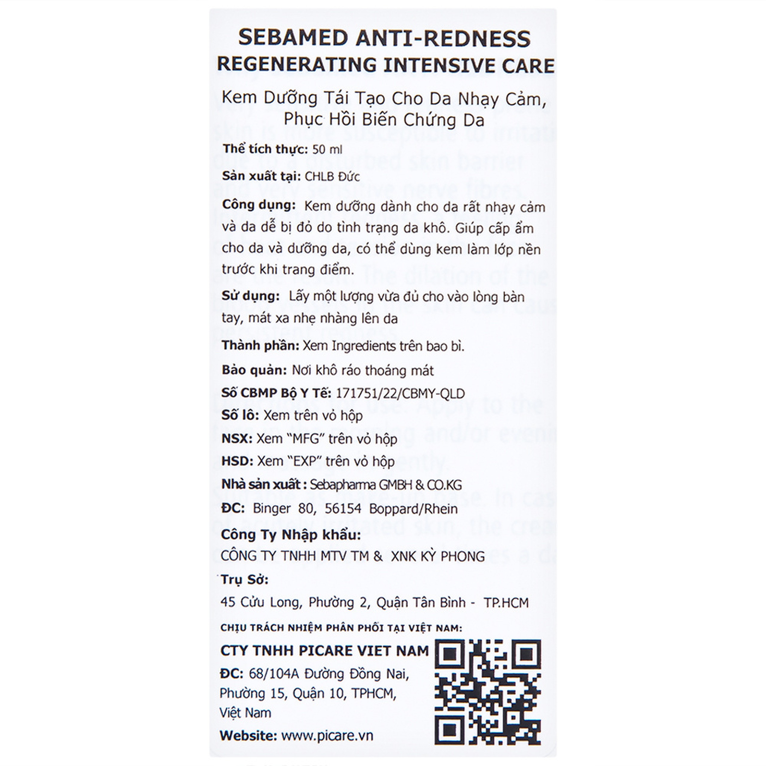 Kem dưỡng tái tạo Sebamed Anti-Redness Regenerating Intensive Care cho da nhạy cảm, da dễ bị đỏ (50ml)