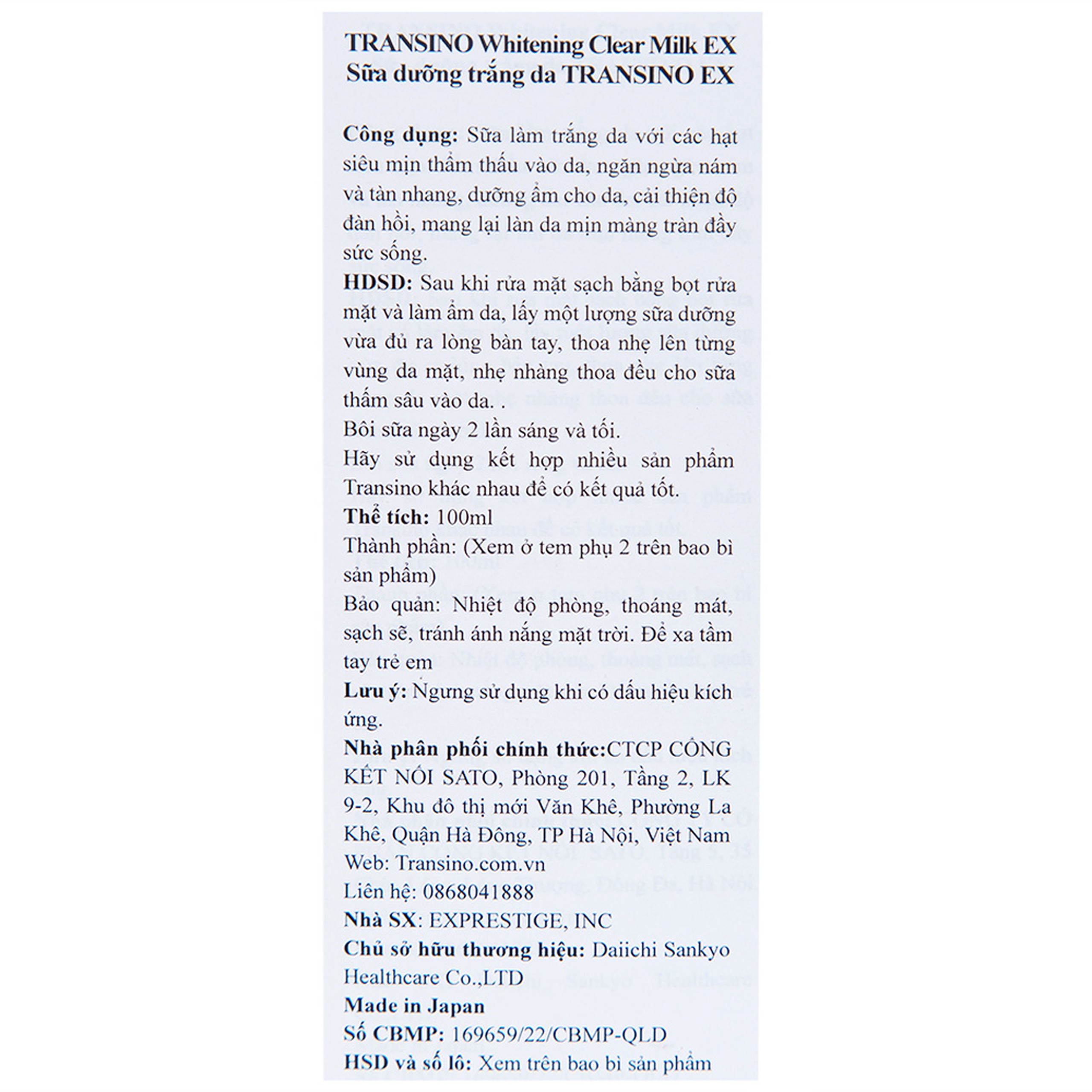 Sữa dưỡng trắng, ngừa nám da Transino Whitening Clear Milk EX 100ml