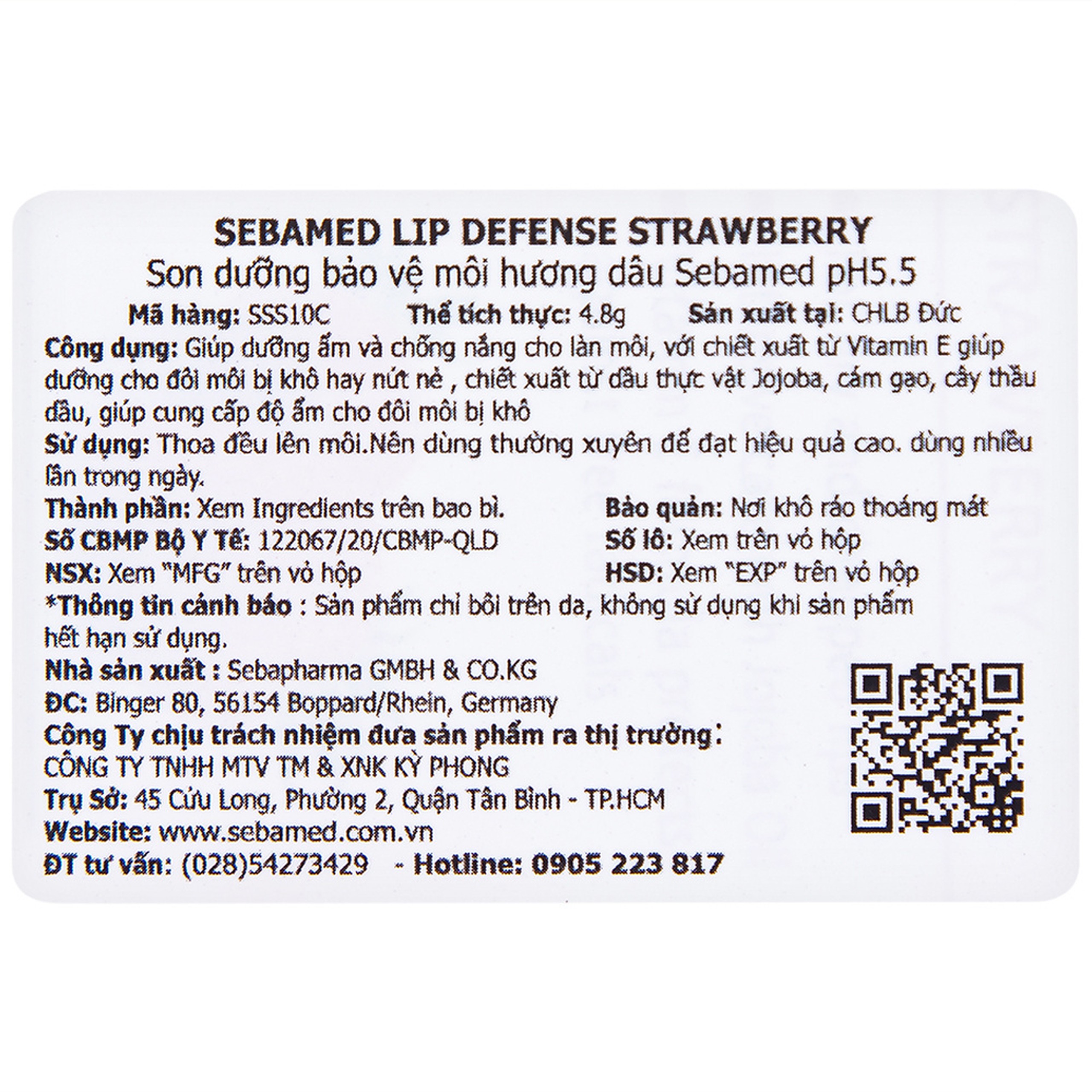 Son dưỡng môi hương dâu Sebamed Lip Defense dưỡng ẩm, chống khô nứt (4.8g)