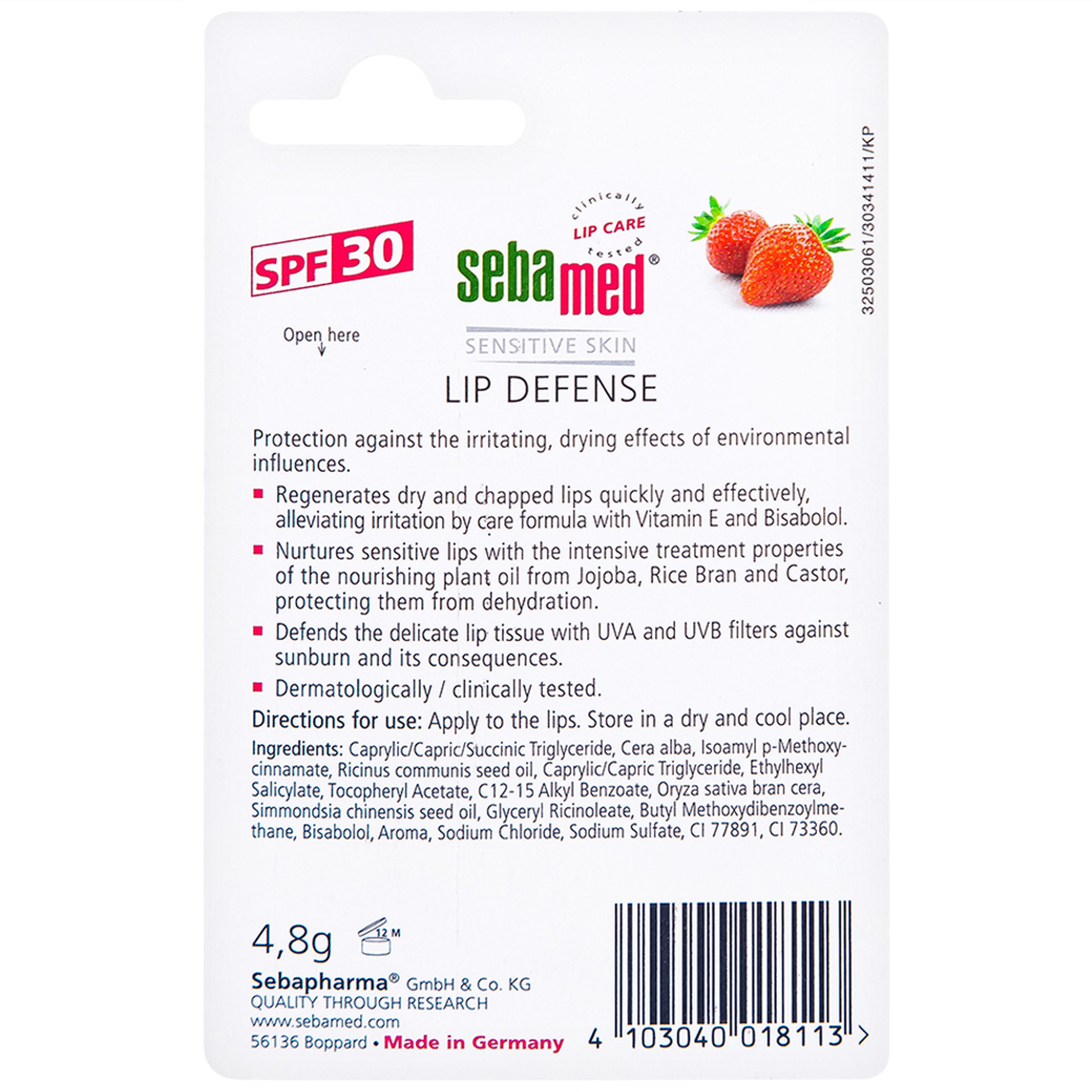Son dưỡng môi hương dâu Sebamed Lip Defense dưỡng ẩm, chống khô nứt (4.8g)