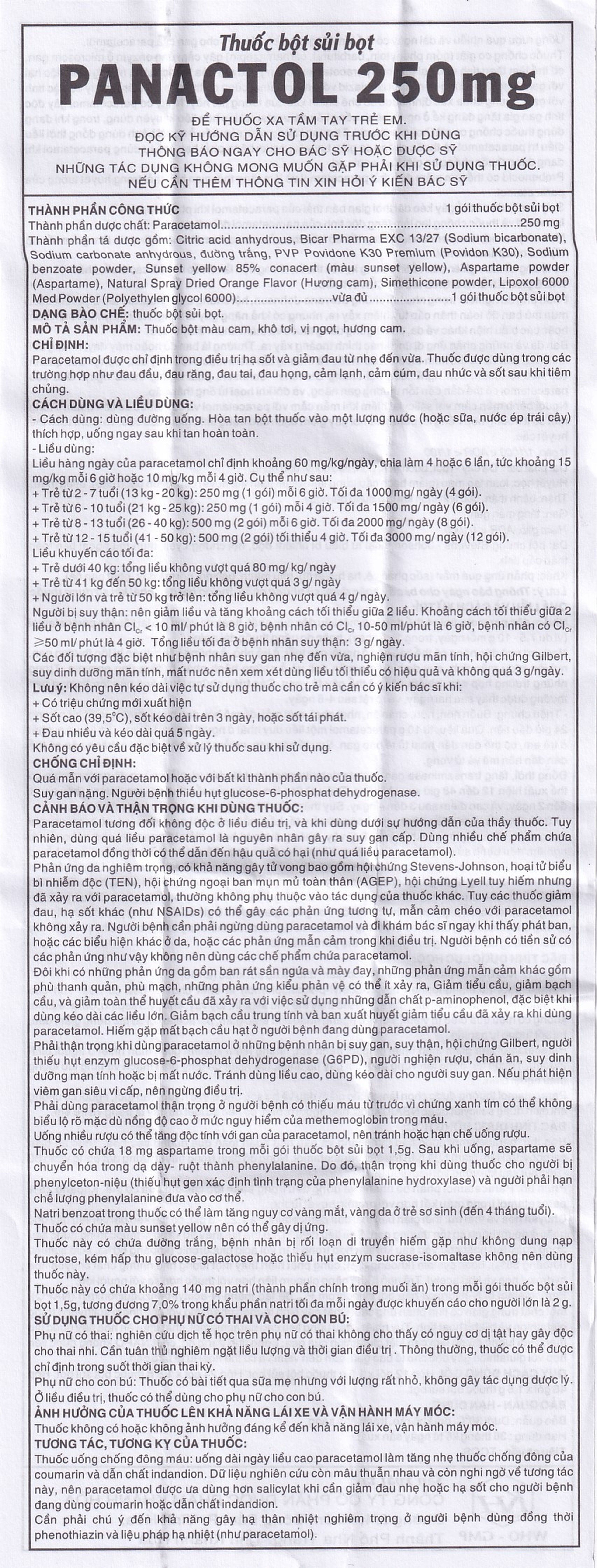 Bột sủi Panactol 250mg Khapharco vị ngọt, không đắng, hạ sốt, giảm đau cho trẻ (48 gói x 1.5g)
