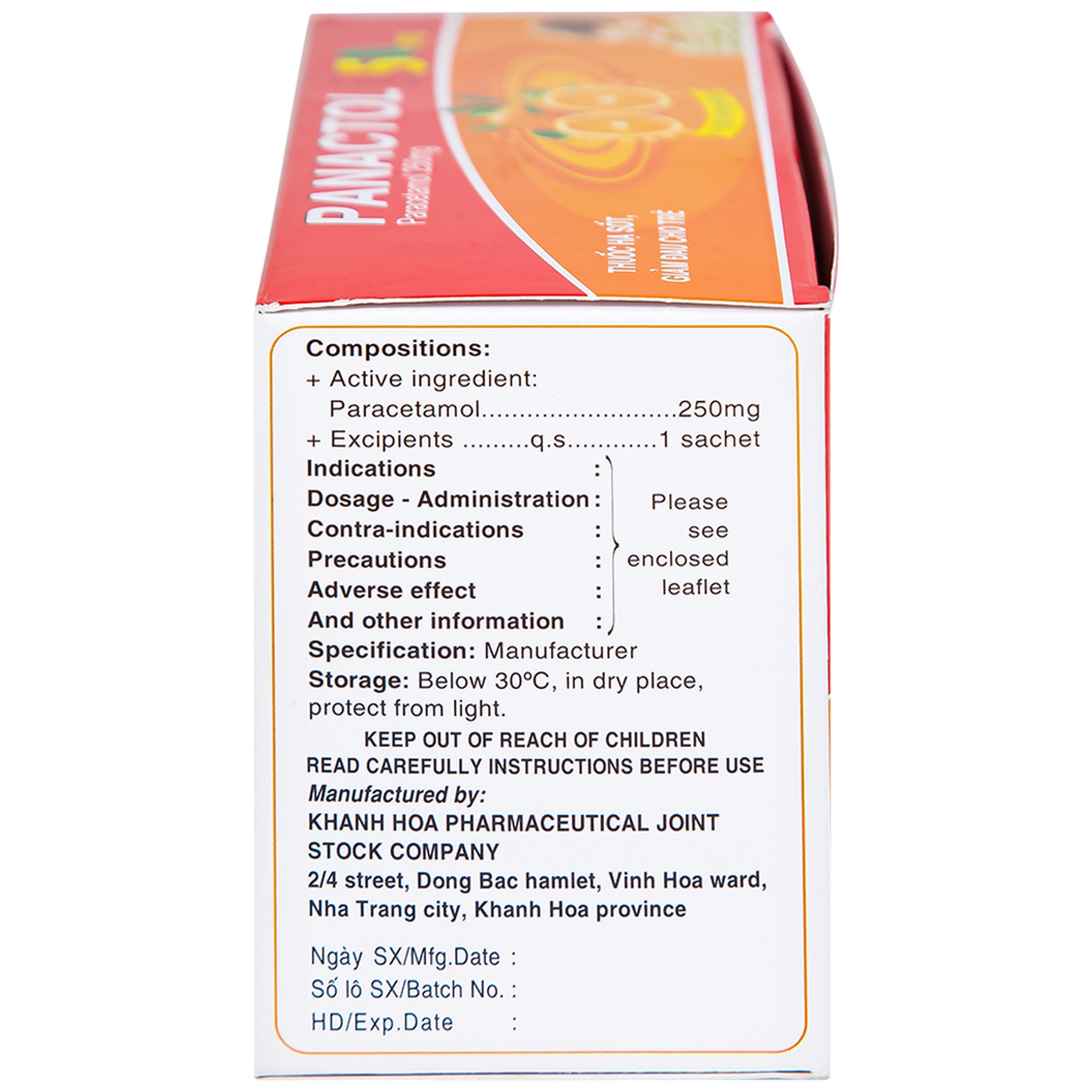 Bột sủi Panactol 250mg Khapharco vị ngọt, không đắng, hạ sốt, giảm đau cho trẻ (48 gói x 1.5g)