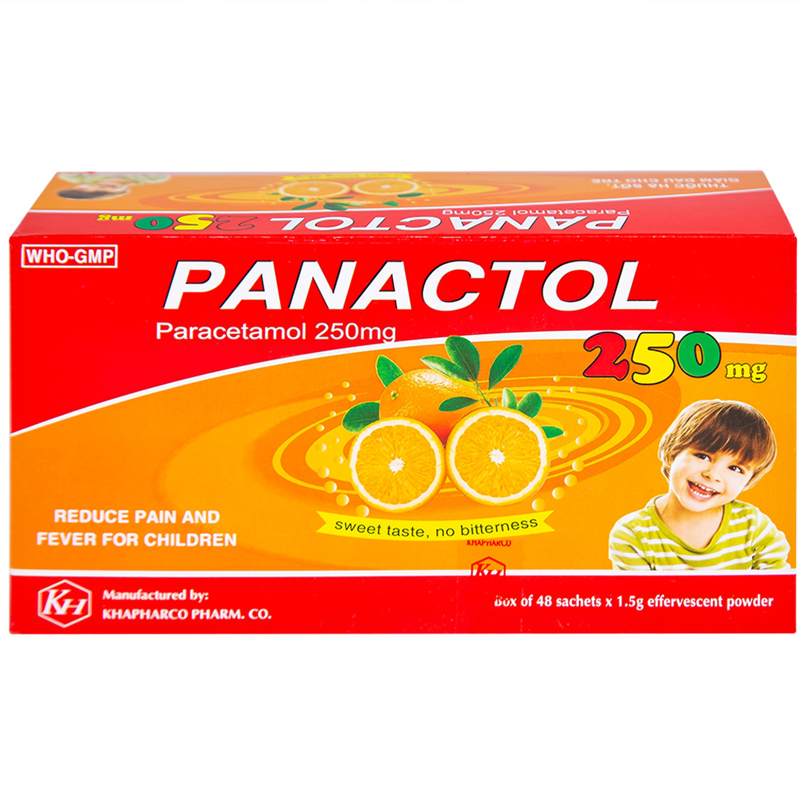 Bột sủi Panactol 250mg Khapharco vị ngọt, không đắng, hạ sốt, giảm đau cho trẻ (48 gói x 1.5g)