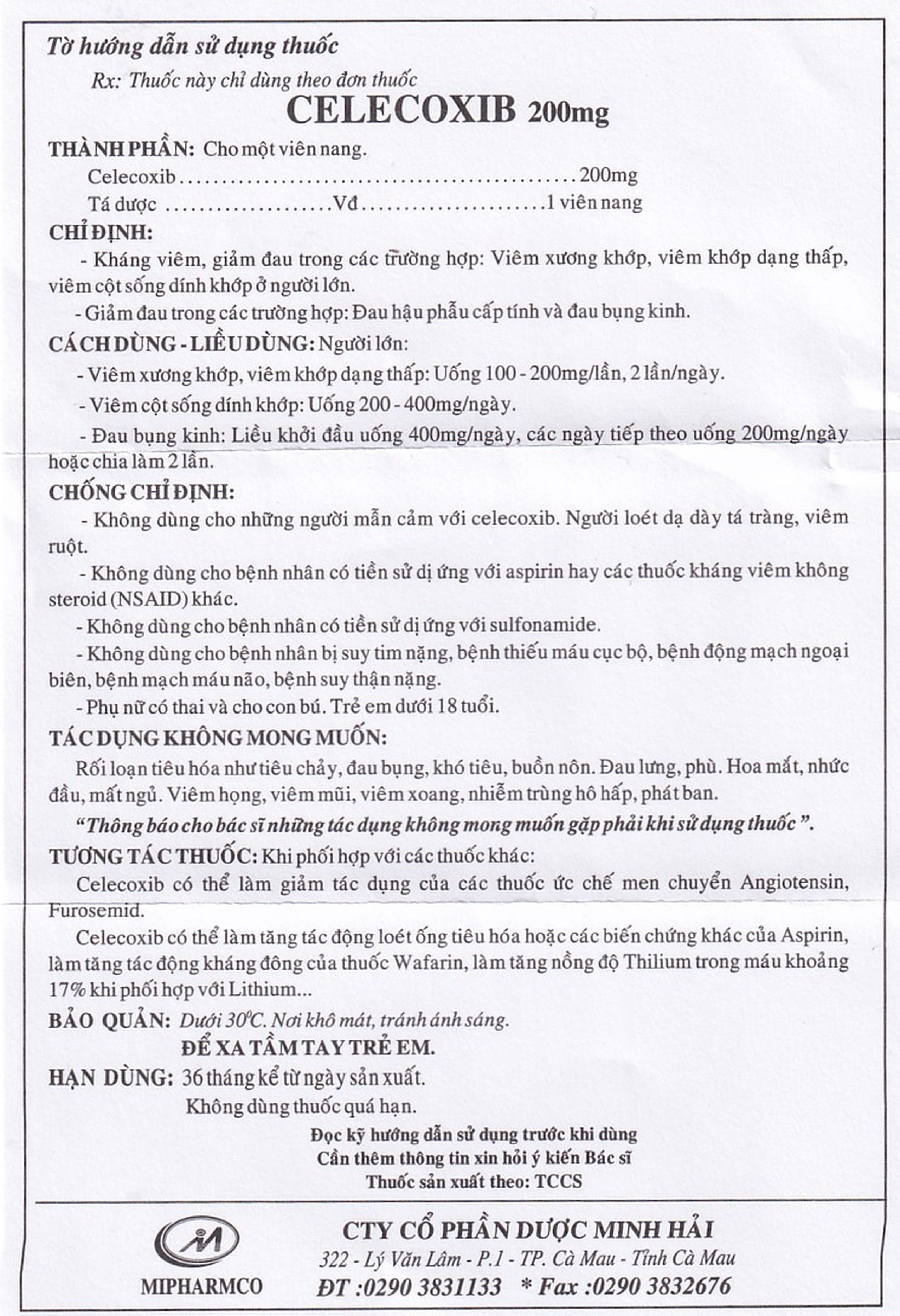 Thuốc Celecoxib 200mg Minh Hải điều trị thoái hóa khớp, viêm khớp dạng thấp (3 vỉ x 10 viên)