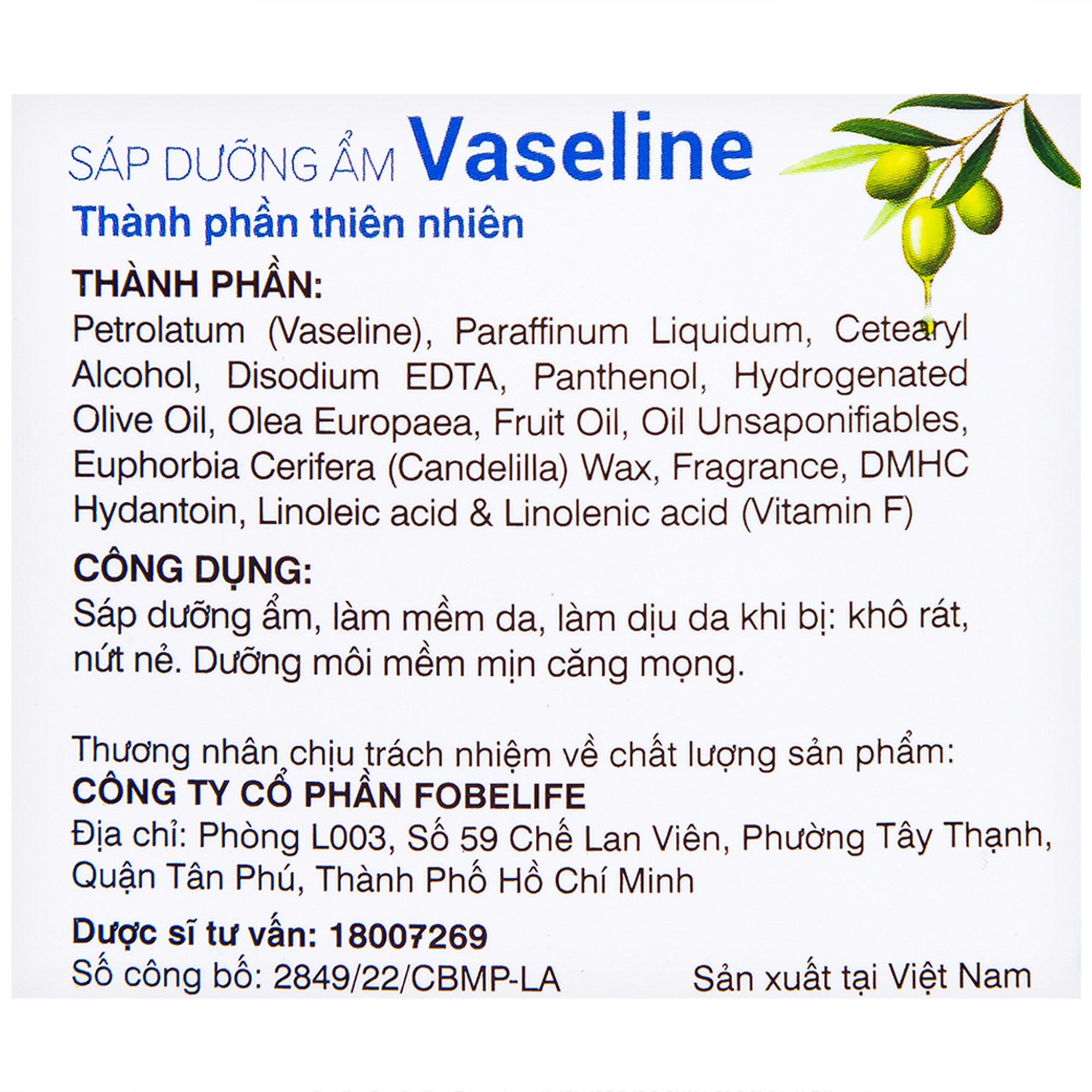 Sáp dưỡng ẩm Vaseline Original Fobelife giữ ẩm, bảo vệ da khô, nứt nẻ (7g)