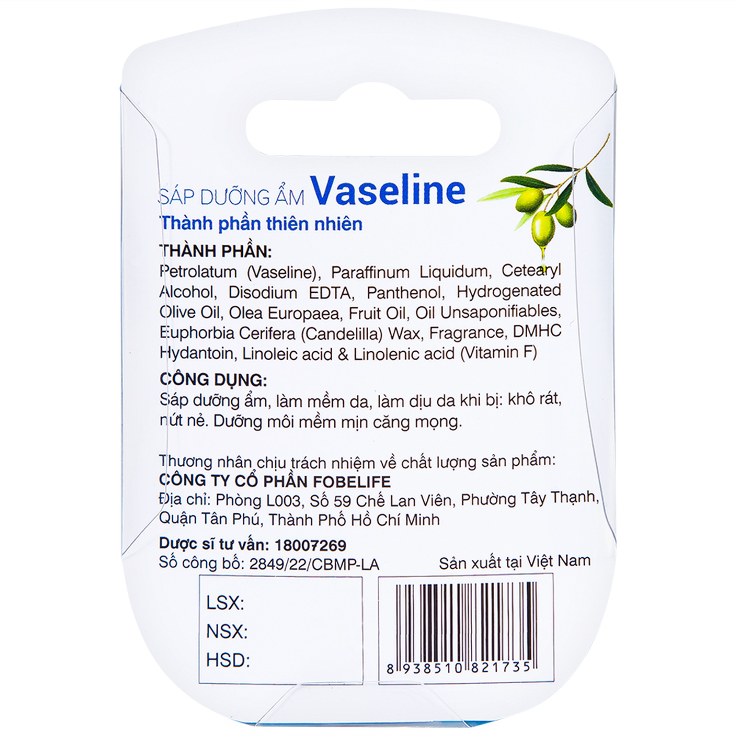 Sáp dưỡng ẩm Vaseline Original Fobelife giữ ẩm, bảo vệ da khô, nứt nẻ (7g)