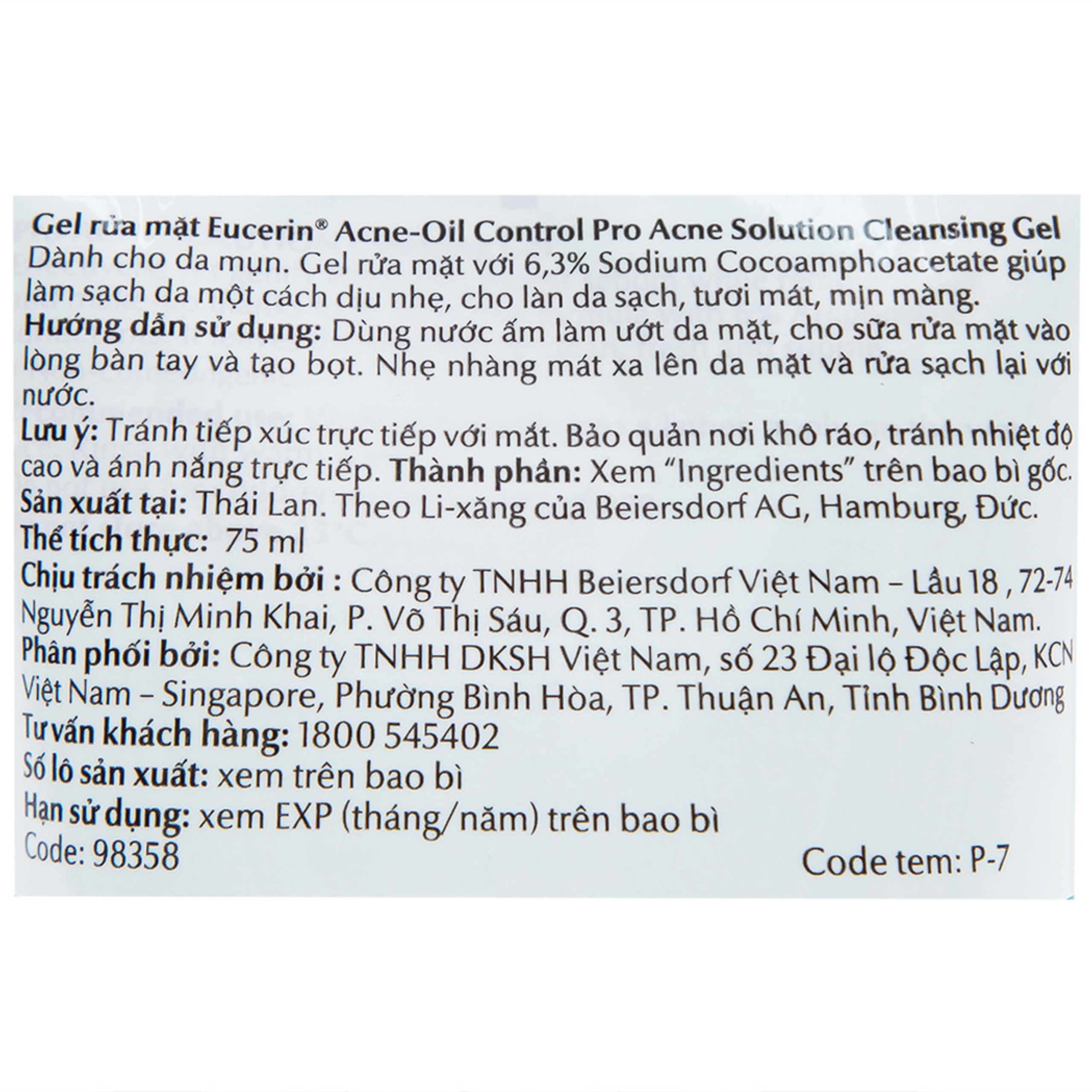 Gel rửa mặt Eucerin Ance Oil Control Pro Acne Solution Cleansing Gel dành cho da mụn (75ml)