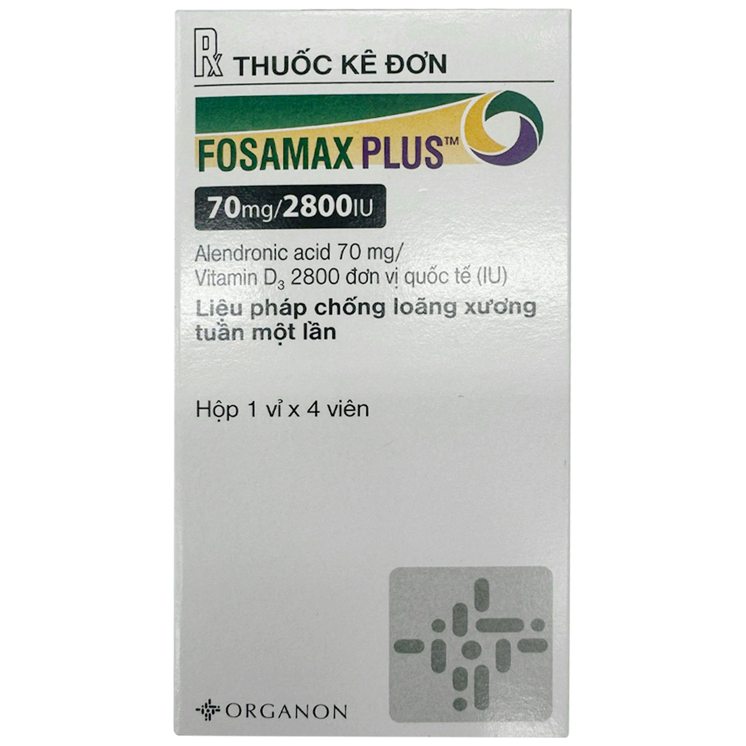 Thuốc Fosamax Plus 70mg/2800IU Organon điều trị loãng xương sau mãn kinh ở phụ nữ (1 vỉ x 4 viên)