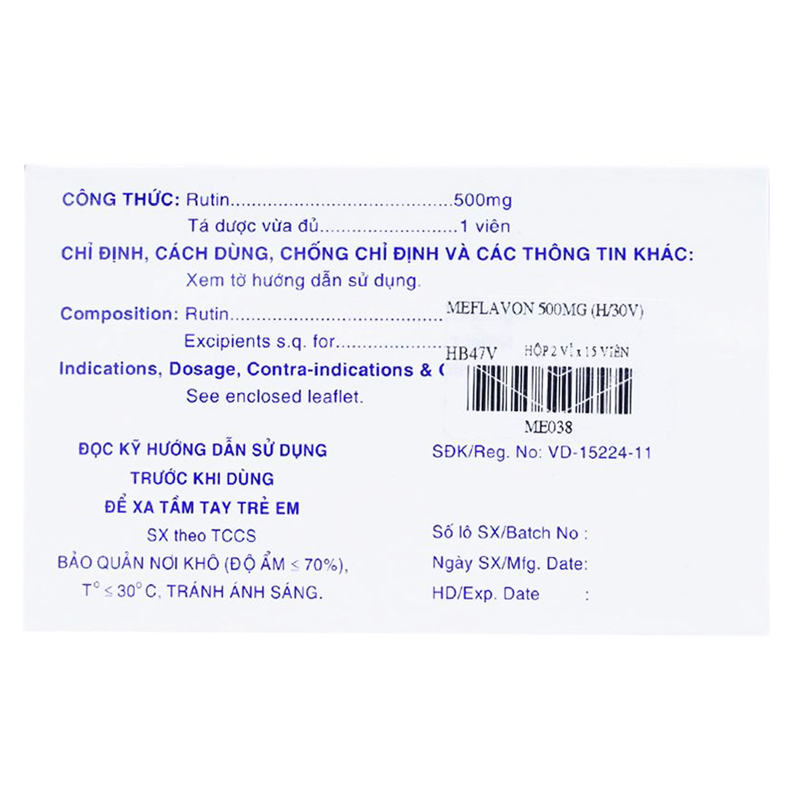 Viên nén Meflavon 500mg Mekophar điều trị hội chứng chảy máu, xơ cứng mạch máu (2 vỉ x 15 viên)