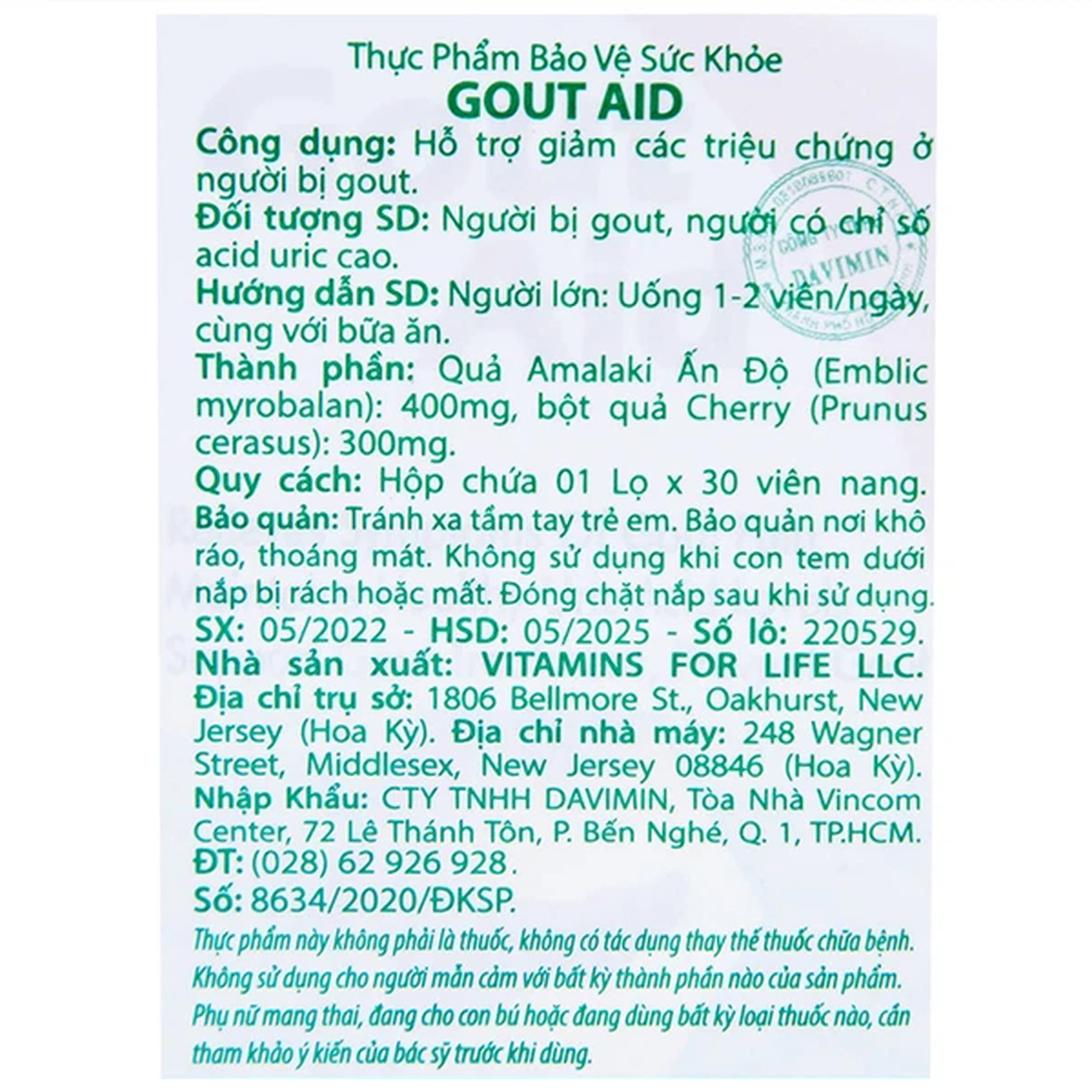 Viên uống hỗ trợ giảm đau cho người bị gout Gout Aid Vitamins For Life (30 viên)