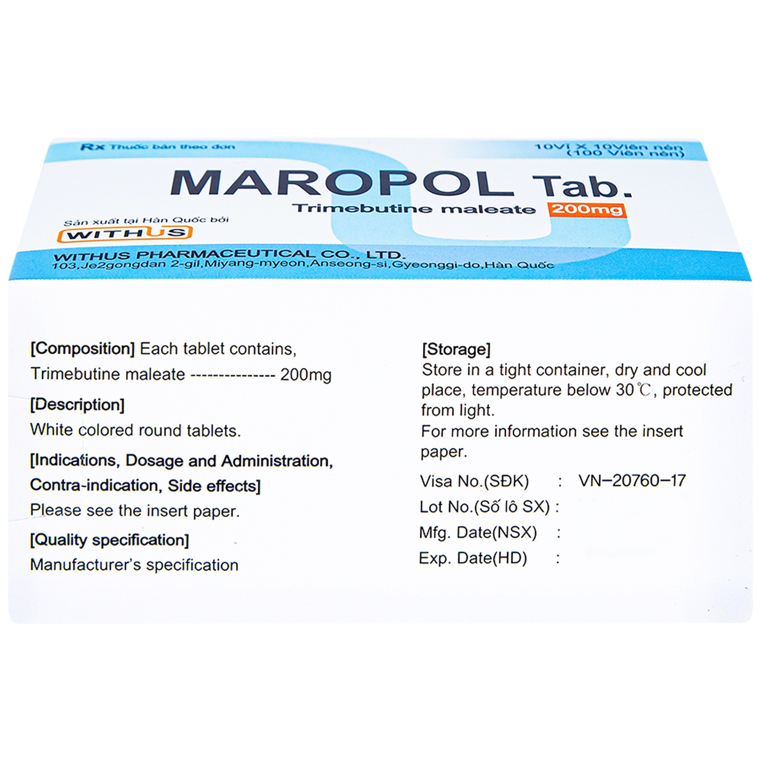 Viên nén Maropol 200mg Withus Pharma điều trị đau do rối loạn chức năng ống tiêu hóa (10 vỉ x 10 viên)