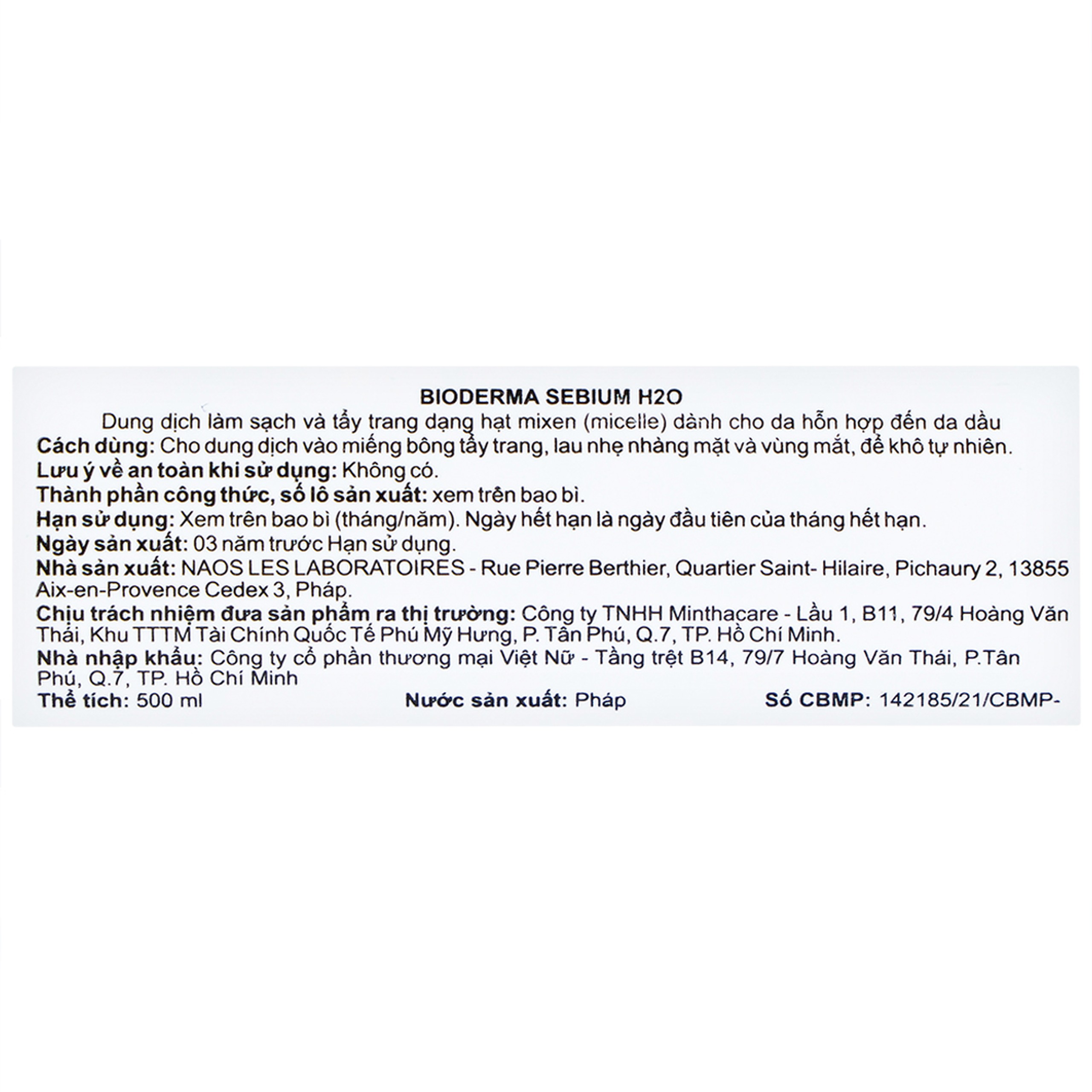 Nước tẩy trang Bioderma Sebium H2O dành cho da dầu và hỗn hợp (500ml)
