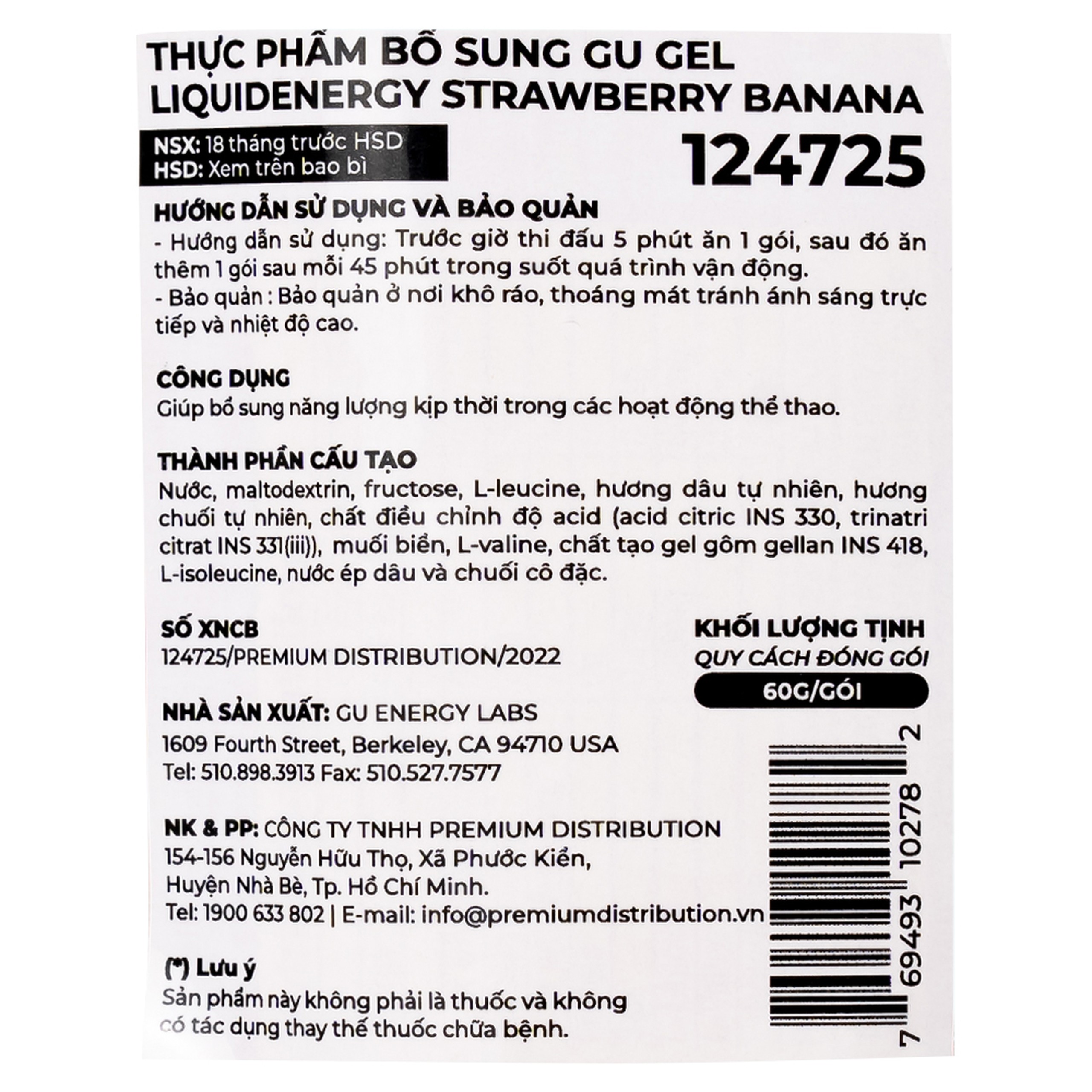 Thực phẩm bổ sung GU Gel Liquid Energy Strawberry Banana 60g bổ sung năng lượng trong các hoạt động thể thao