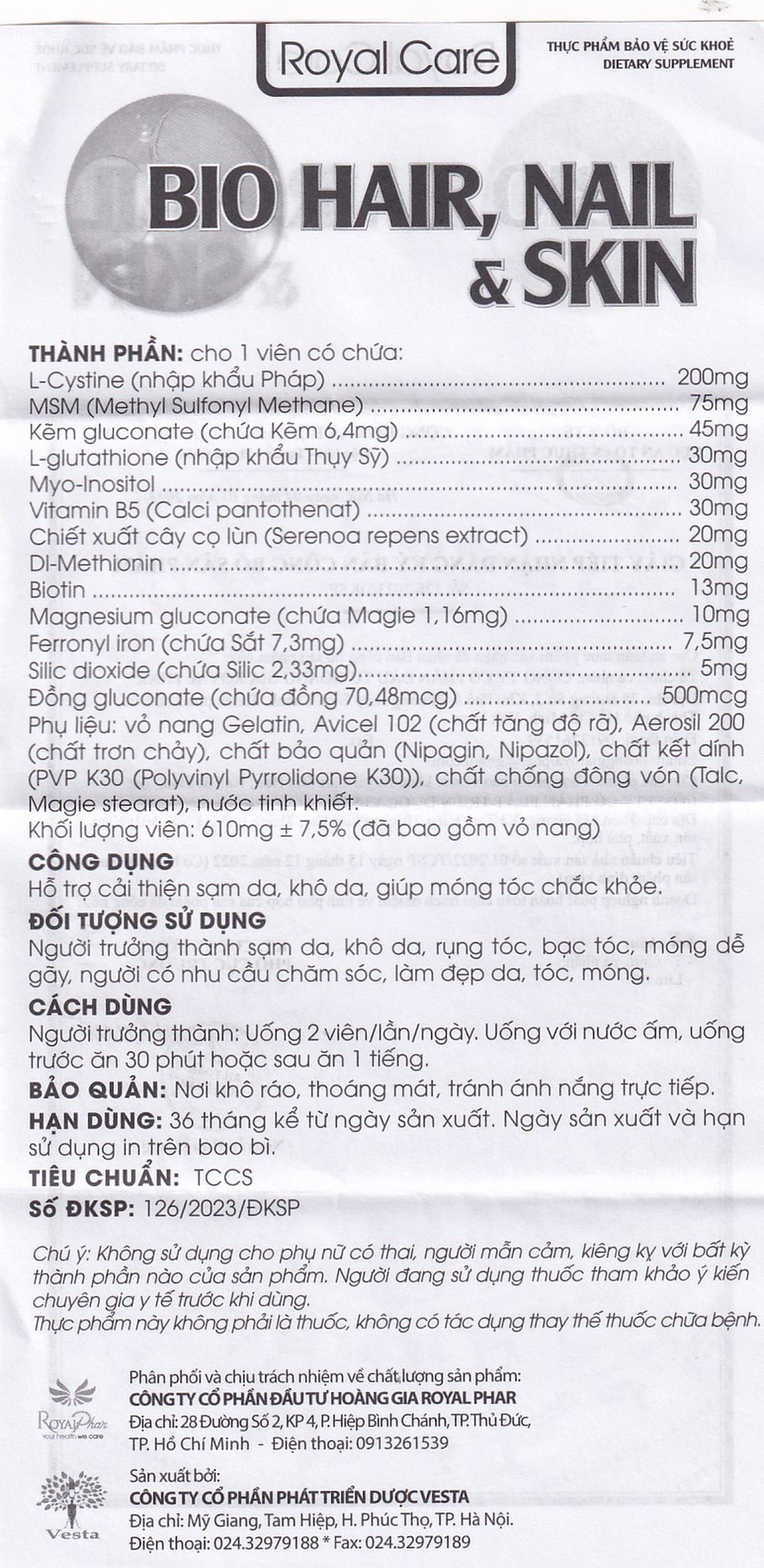 Thực phẩm bảo vệ sức khỏe Royal Care Bio Hair, Nail & Skin hỗ trợ cải thiện sạm da, khô da, móng tóc chắc khoẻ (30 viên)