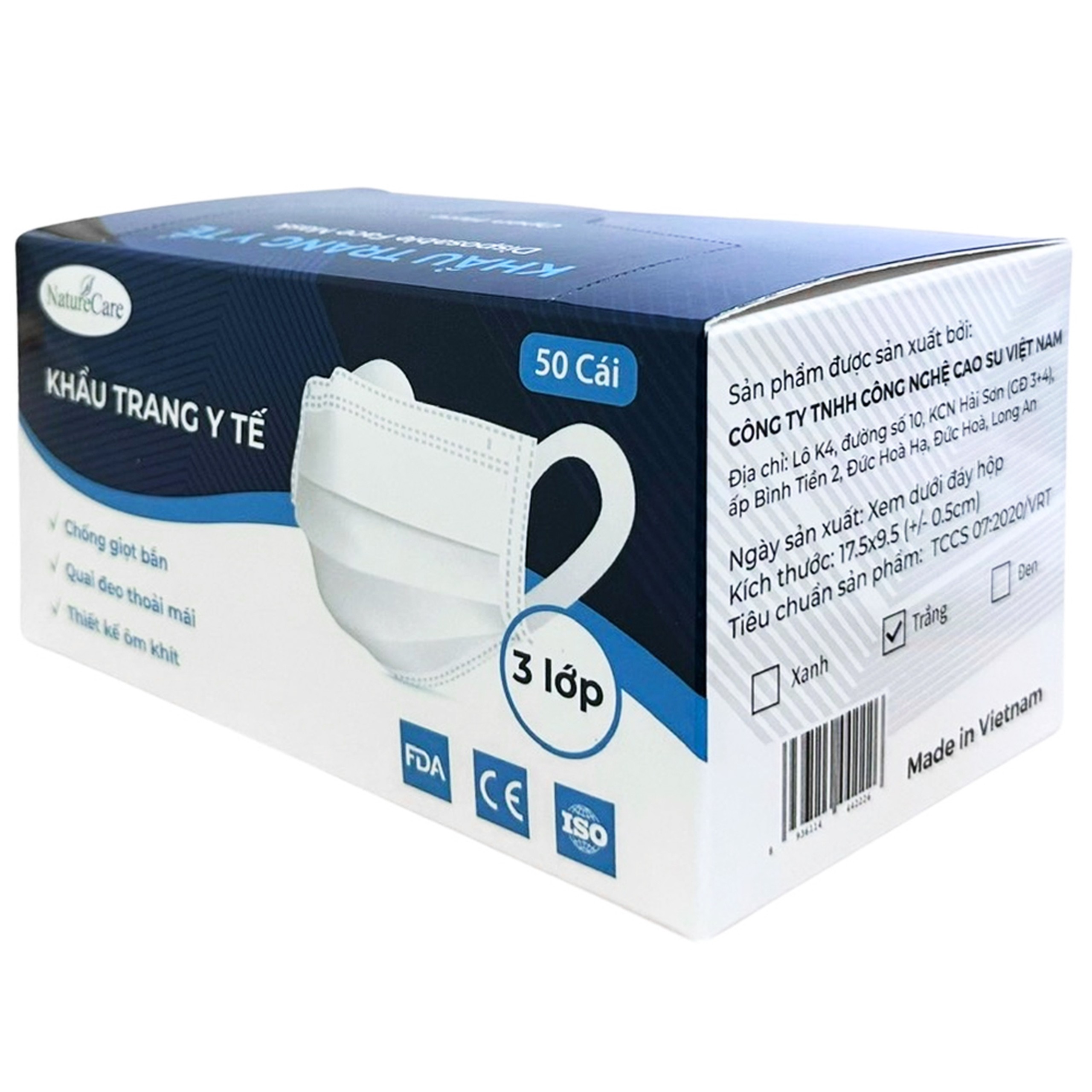 Khẩu trang 3 lớp Naturecare màu trắng (50 cái) ngăn khói bụi, vi khuẩn