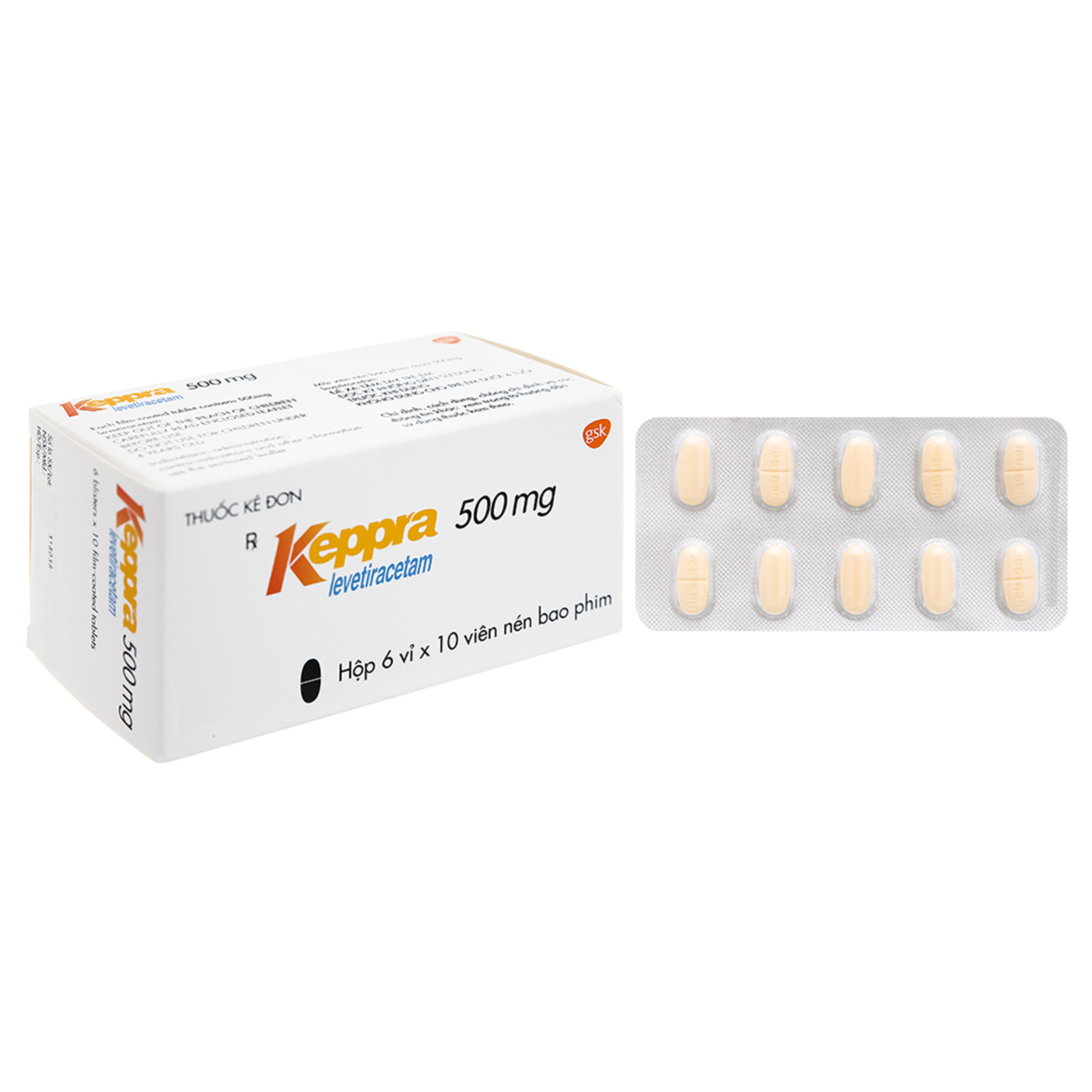 Viên nén Keppra 500mg GSK điều trị các cơn động kinh cục bộ (6 vỉ x 10 viên)