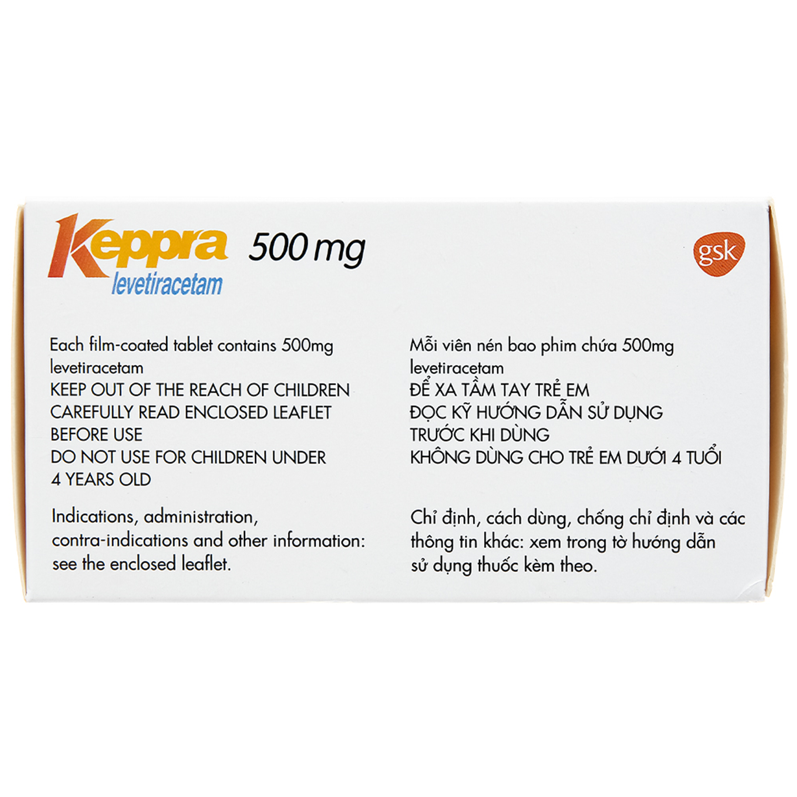 Viên nén Keppra 500mg GSK điều trị các cơn động kinh cục bộ (6 vỉ x 10 viên)