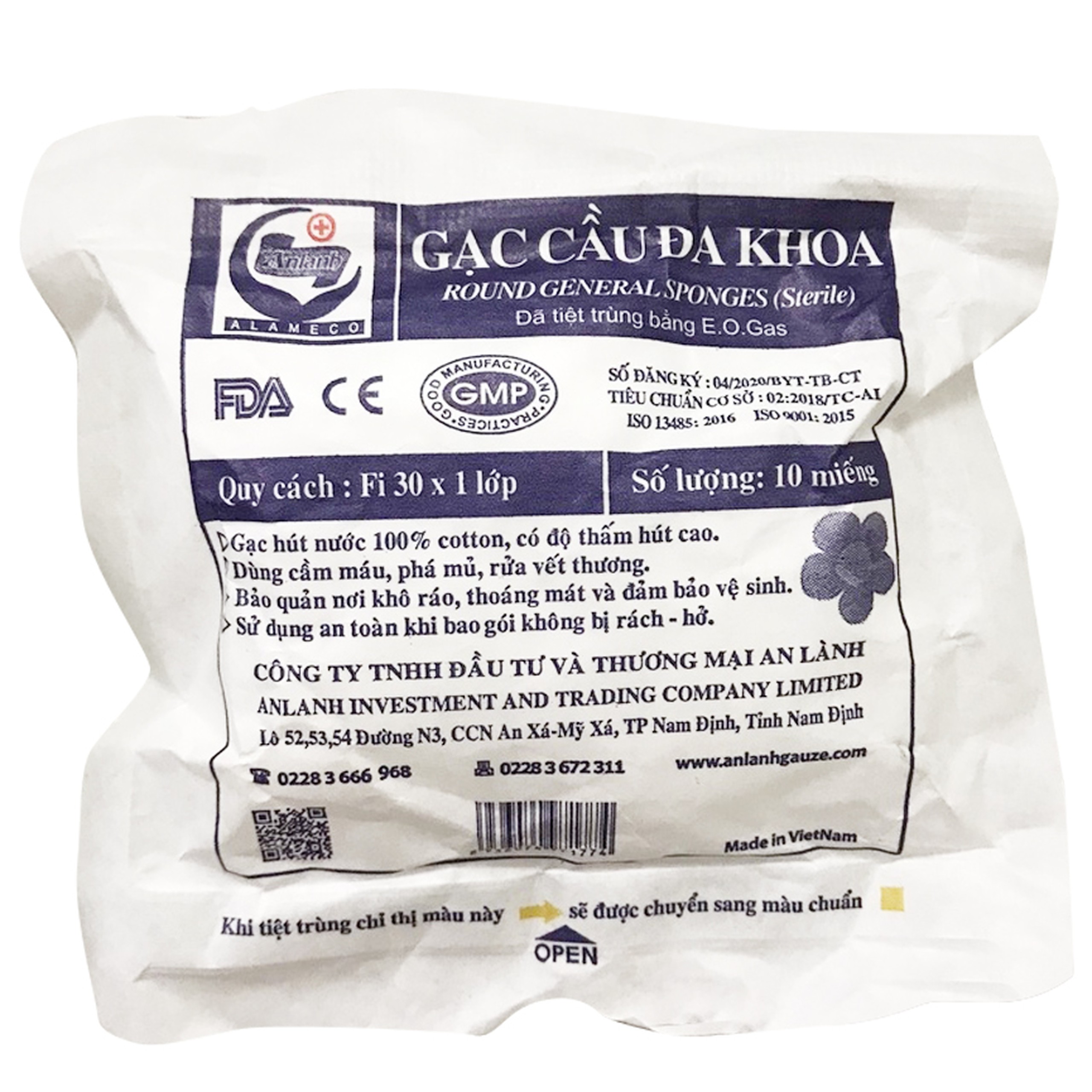 Gạc cầu đa khoa FI 30 x 1 lớp (10 miếng) dùng trong điều trị phẫu thuật, cầm máu, phá mủ, rửa vết thương