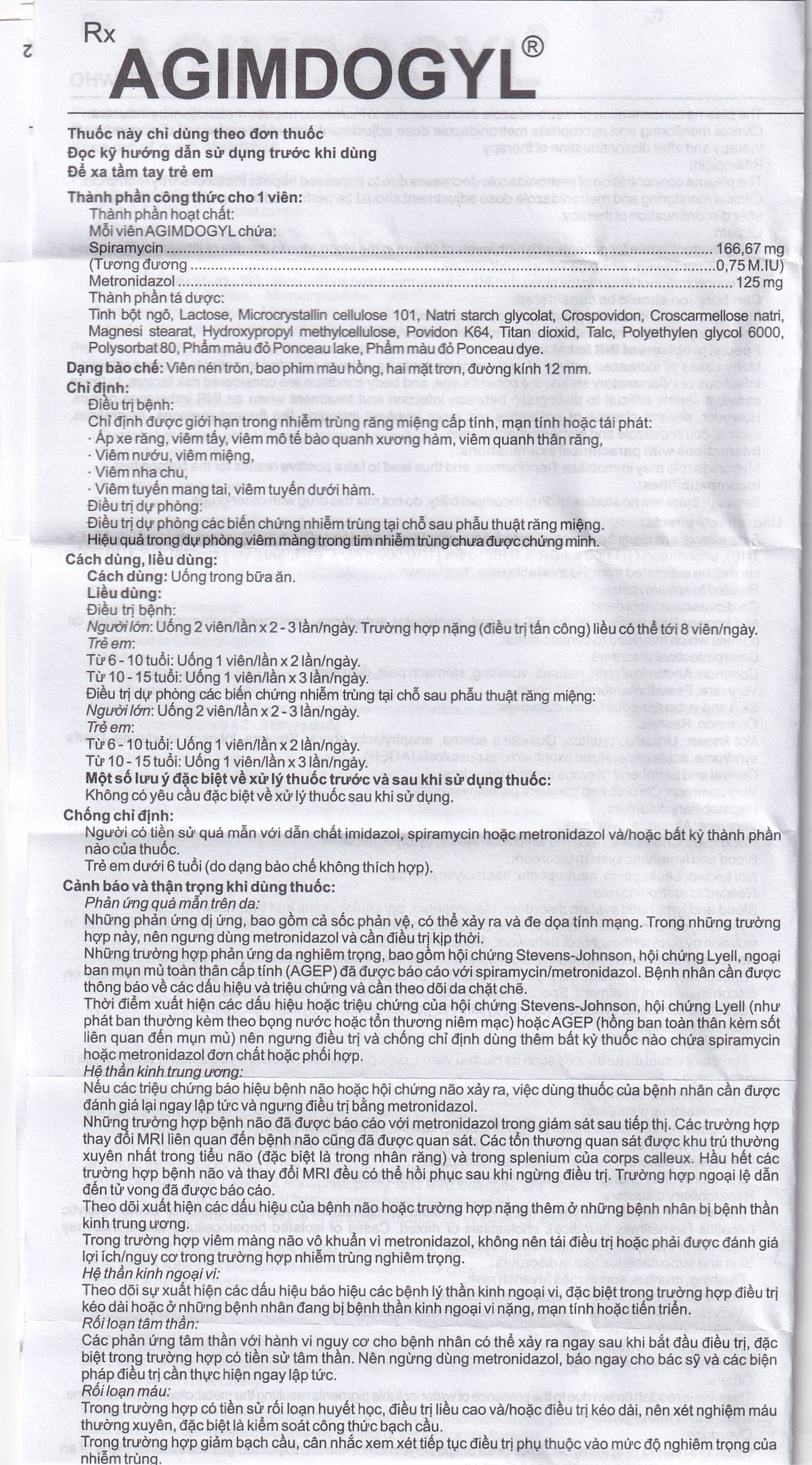 Thuốc Agimdogyl 125mg/750000IU Agimexpharm điều trị nhiễm trùng răng miệng cấp tính, mạn tính (2 vỉ x 10 viên)