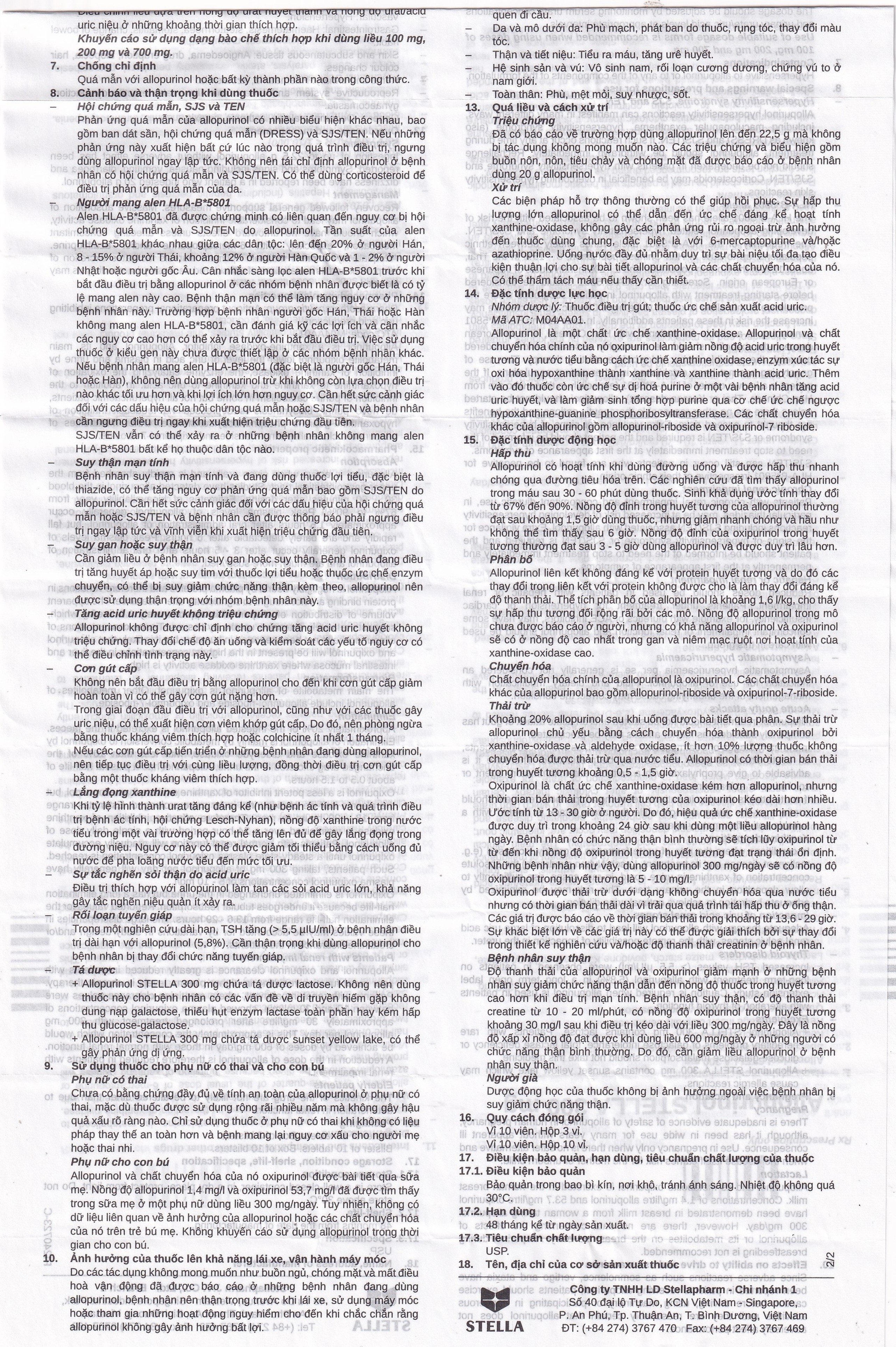 Thuốc Allopurinol 300mg Stella Pharm giảm sự hình thành acid uric, điều trị bệnh gout (10 vỉ x 10 viên)