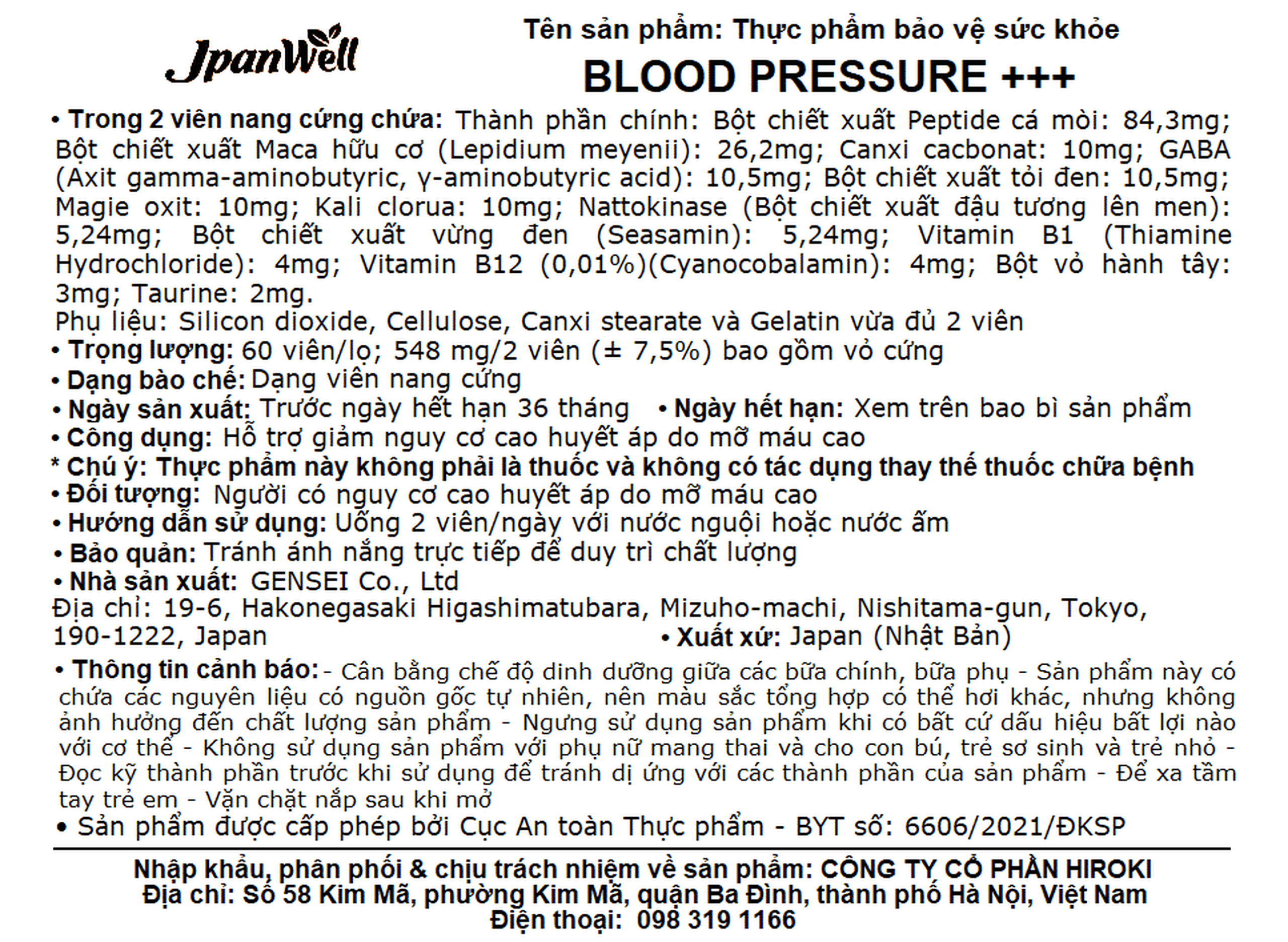 Viên uống Blood Pressure+++ Jpanwell hỗ trợ huyết áp (60 viên)