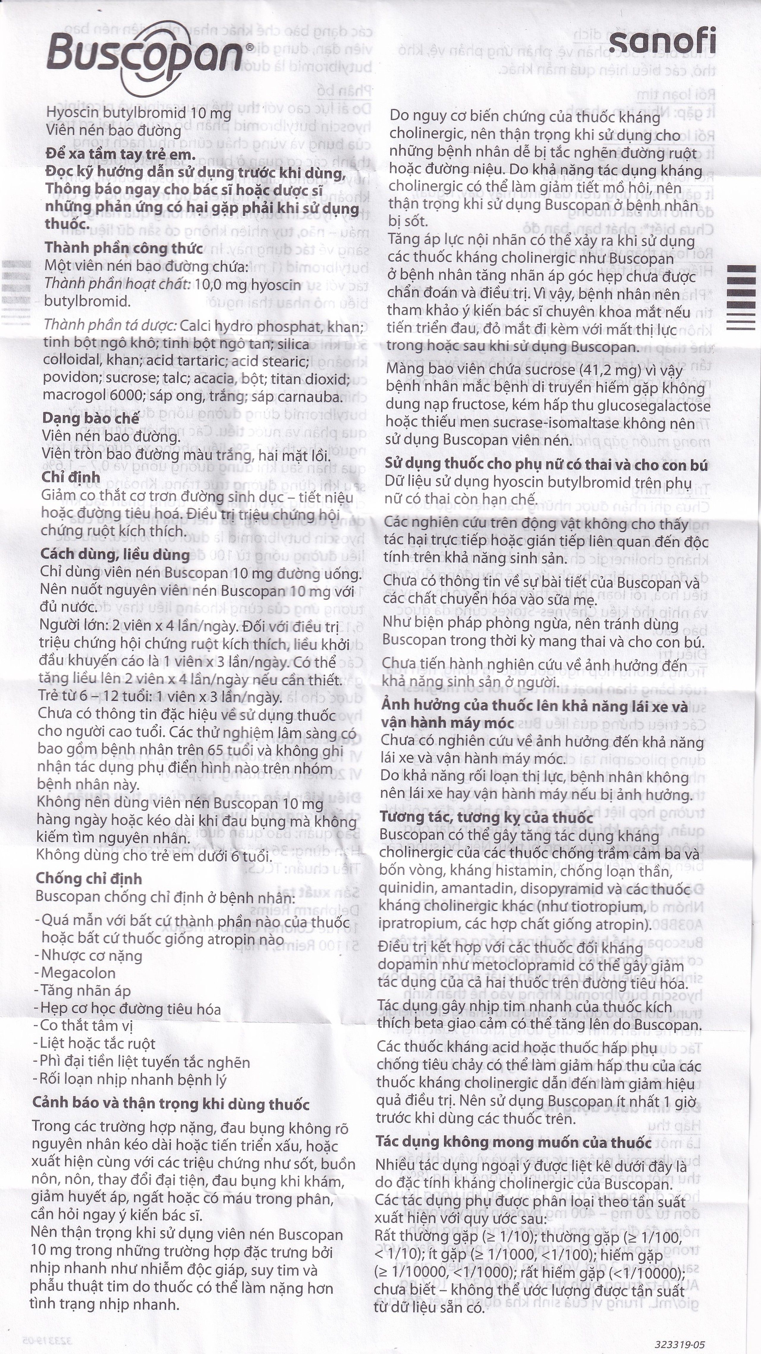 Thuốc Buscopan 10mg Sanofi giảm co thắt cơ trơn đường sinh dục – tiết niệu (5 vỉ x 20 viên)
