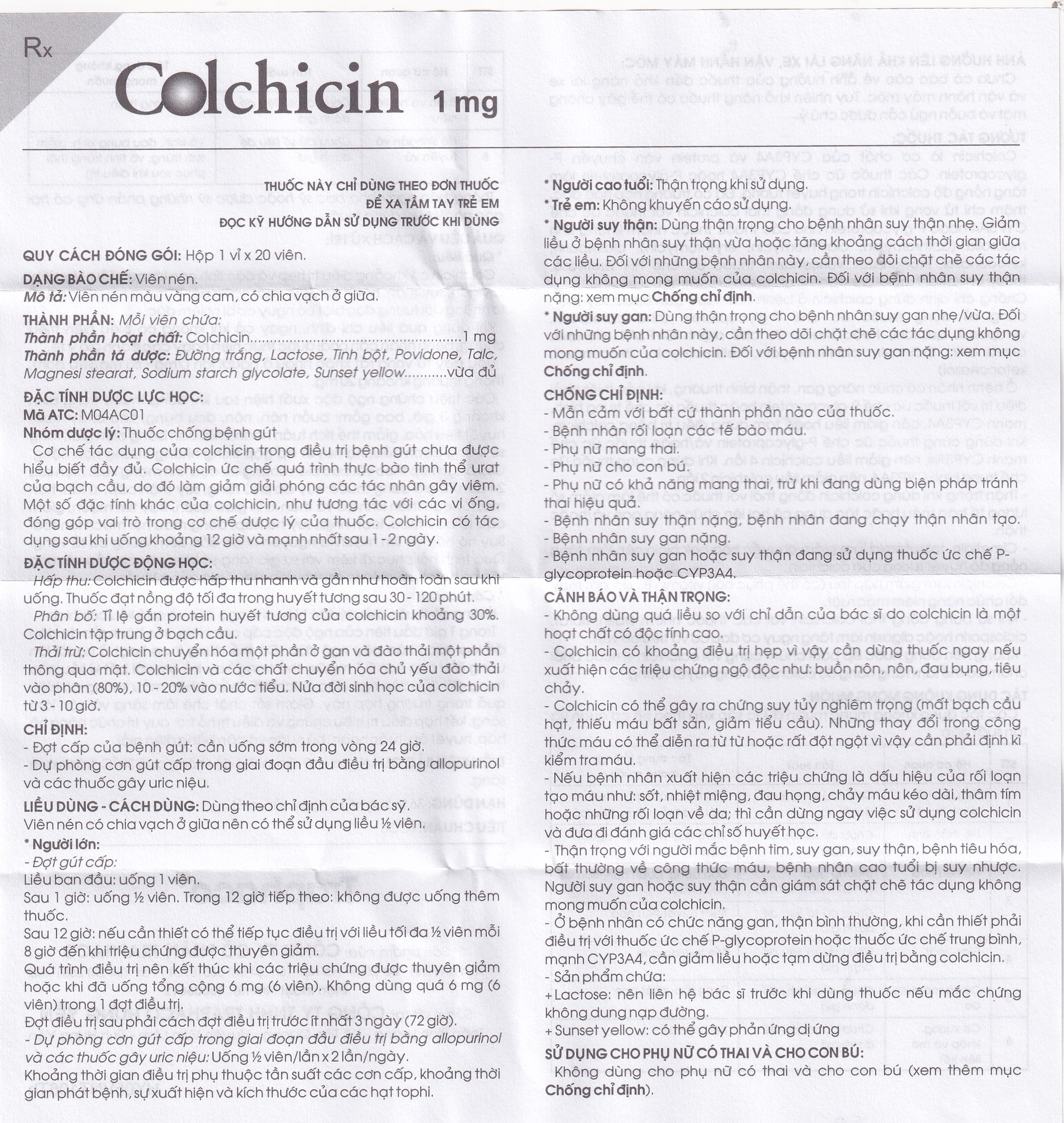 Thuốc Colchicin 1mg Traphaco phòng tái phát viêm khớp do gút và điều trị dài ngày bệnh gút (1 vỉ x 20 viên)