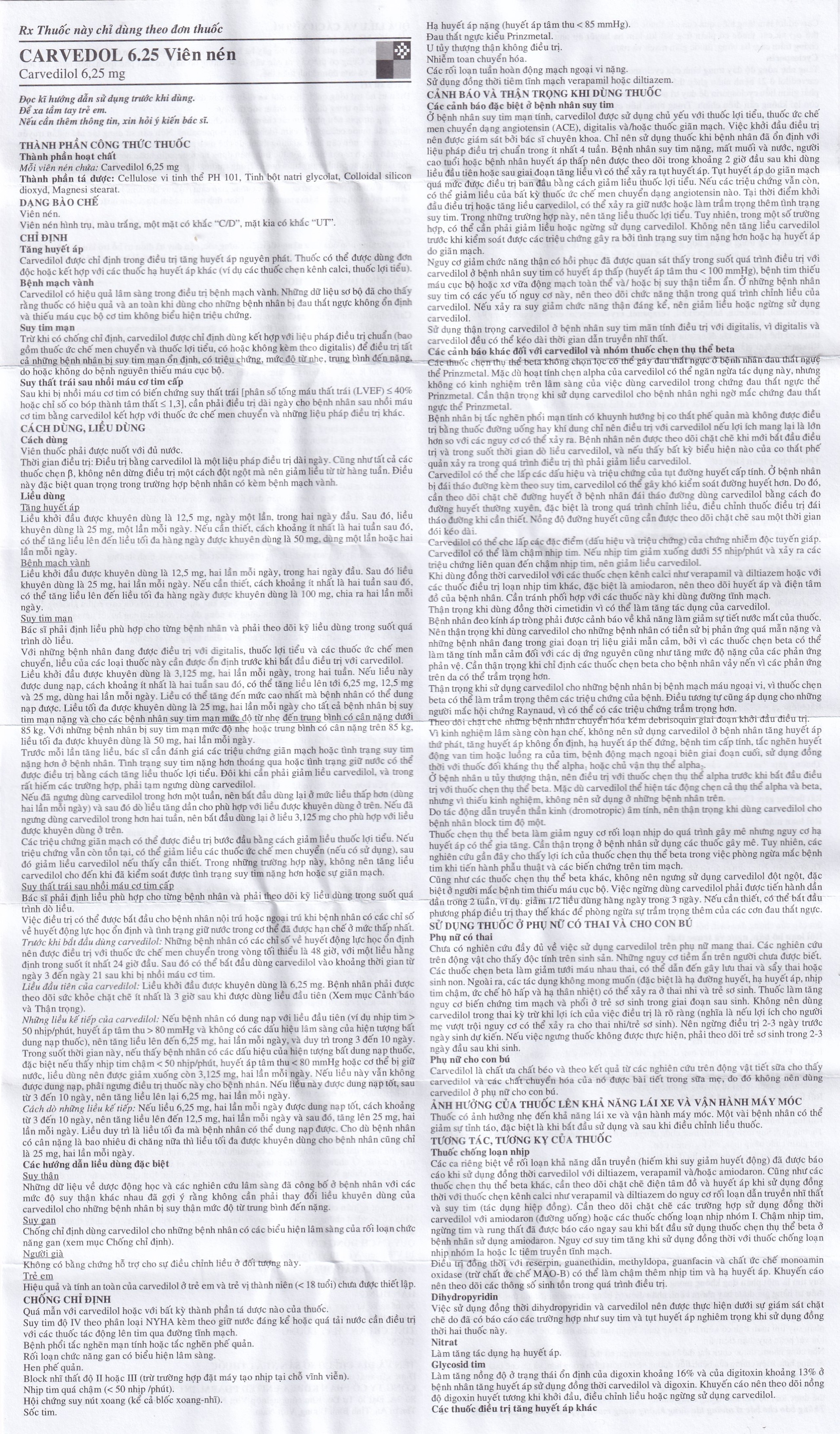 Thuốc Carvedol 6.25 United điều trị tăng huyết áp, bệnh mạch vành (10 vỉ x 10 viên)