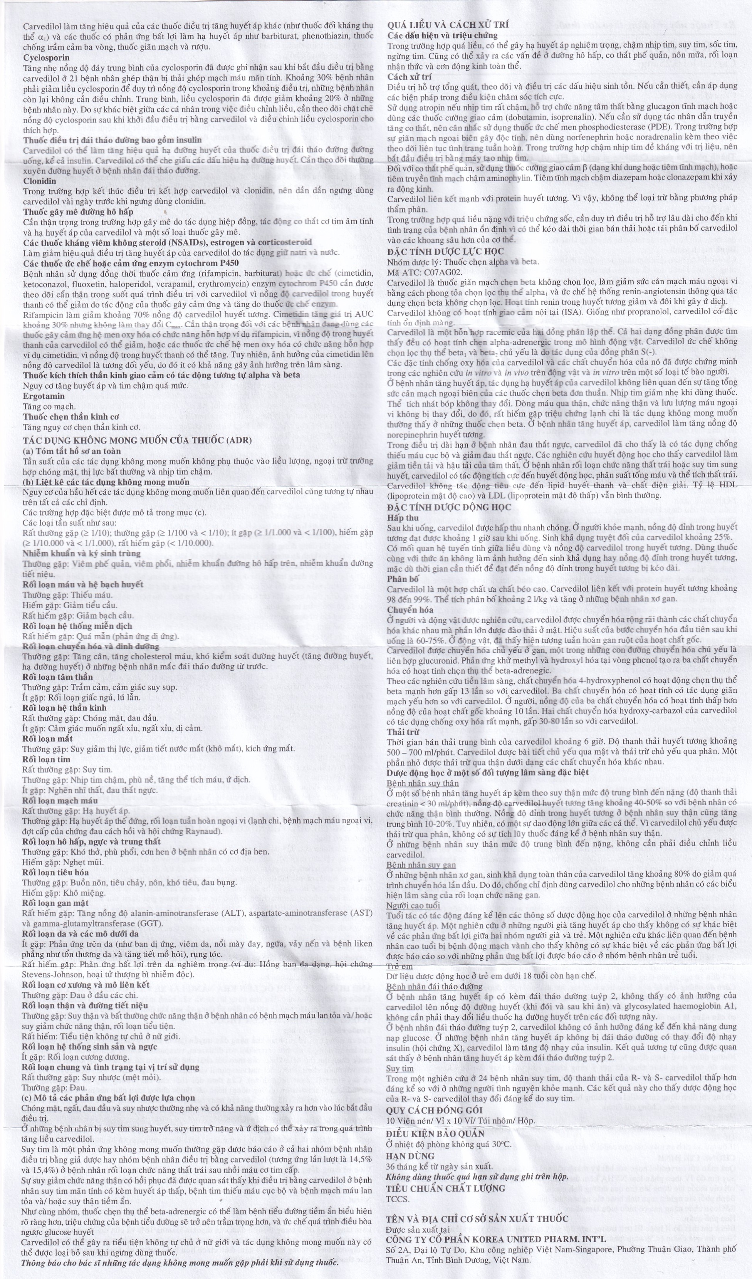 Thuốc Carvedol 6.25 United điều trị tăng huyết áp, bệnh mạch vành (10 vỉ x 10 viên)
