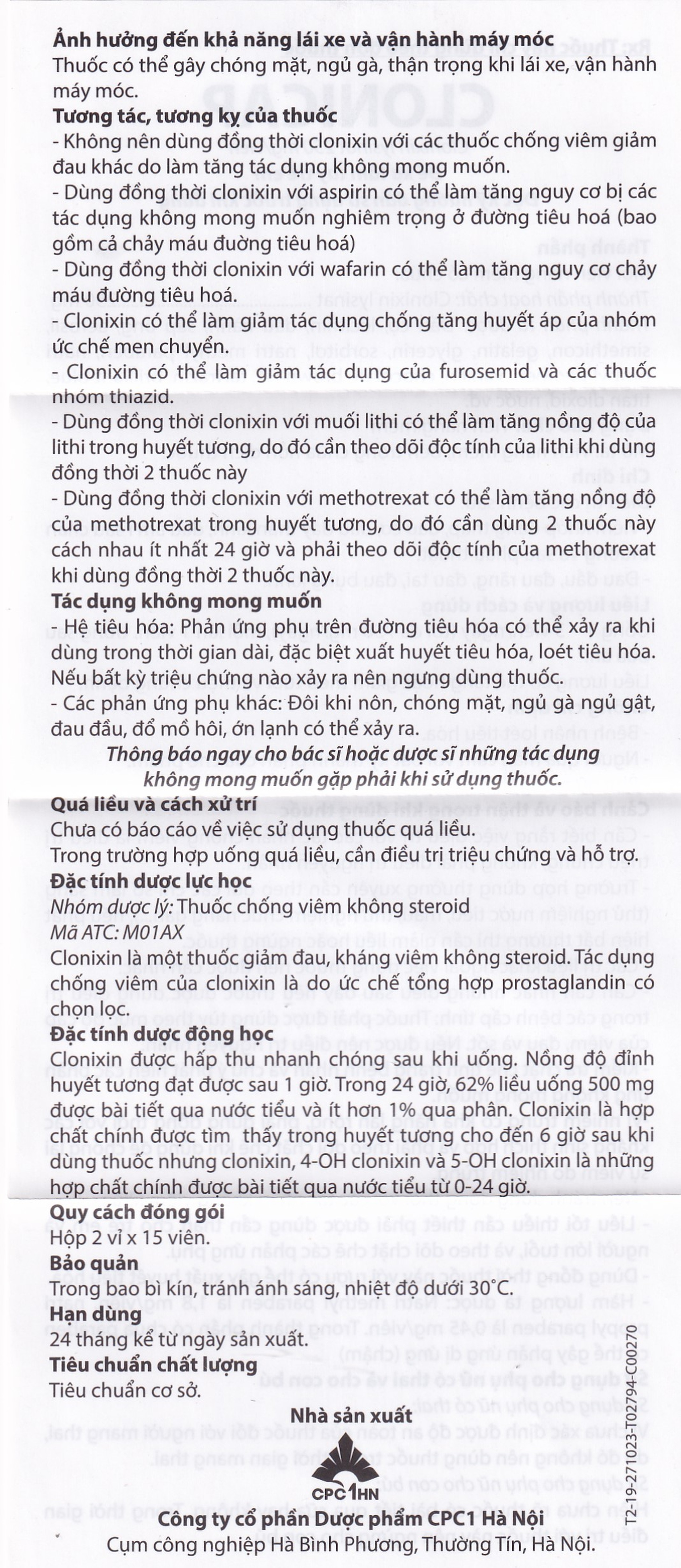 Thuốc Clonicap 250mg CPC1HN điều trị viêm khớp dạng thấp, đau cơ (2 vỉ x 15 viên)