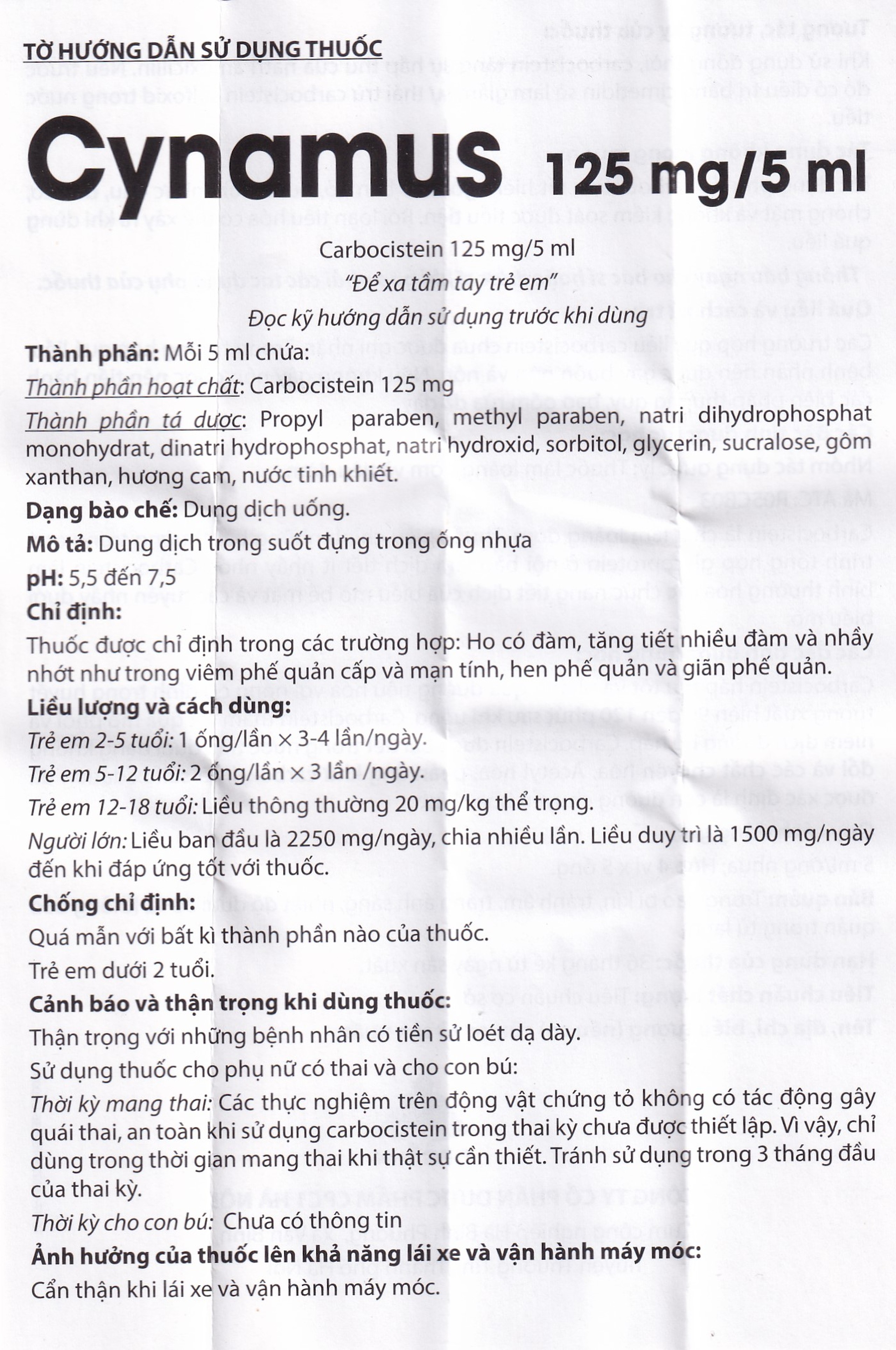 Dung dịch uống Cynamus 125mg/5ml CPC1HN dùng khi ho có đàm, tăng tiết nhiều đàm (4 vỉ x 5 ống)