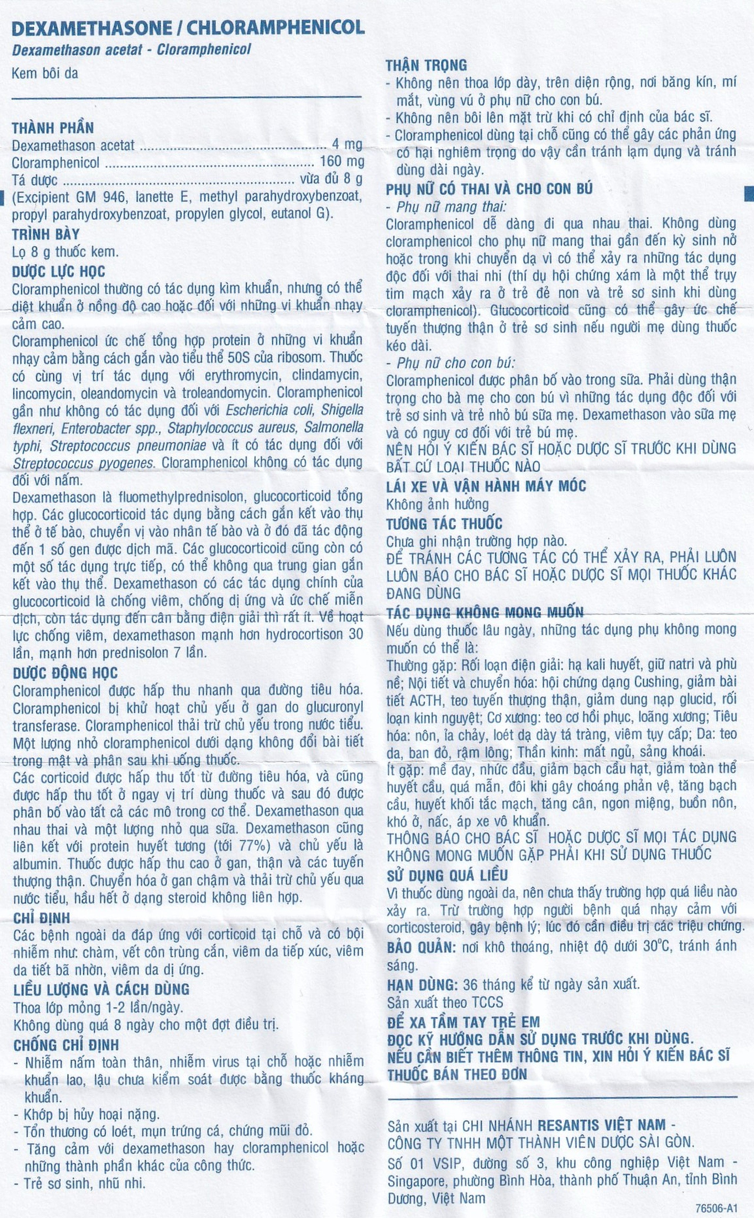 Kem bôi da Dexamethasone/Chloramphenicol điều trị chàm, vết côn trùng cắn, viêm da tiếp xúc (8g)