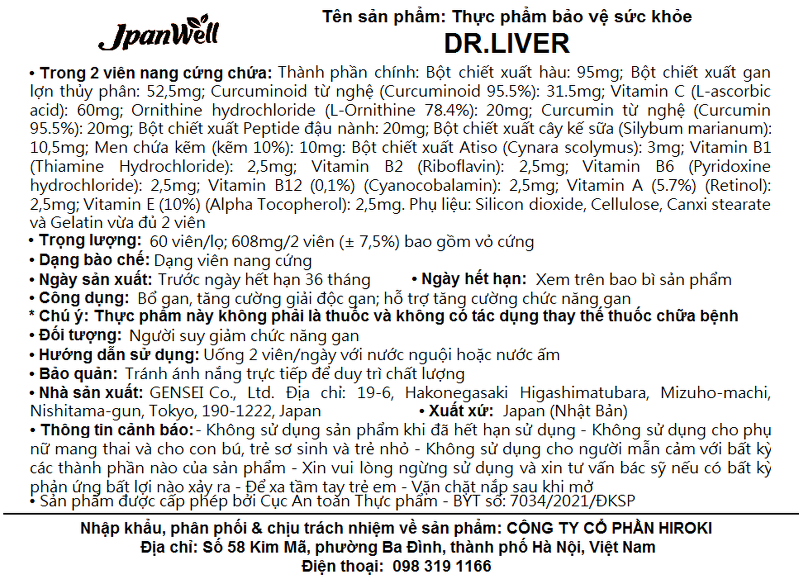 Viên uống bổ gan tăng cường giải độc gan Dr. Liver Jpanwell (60 viên)