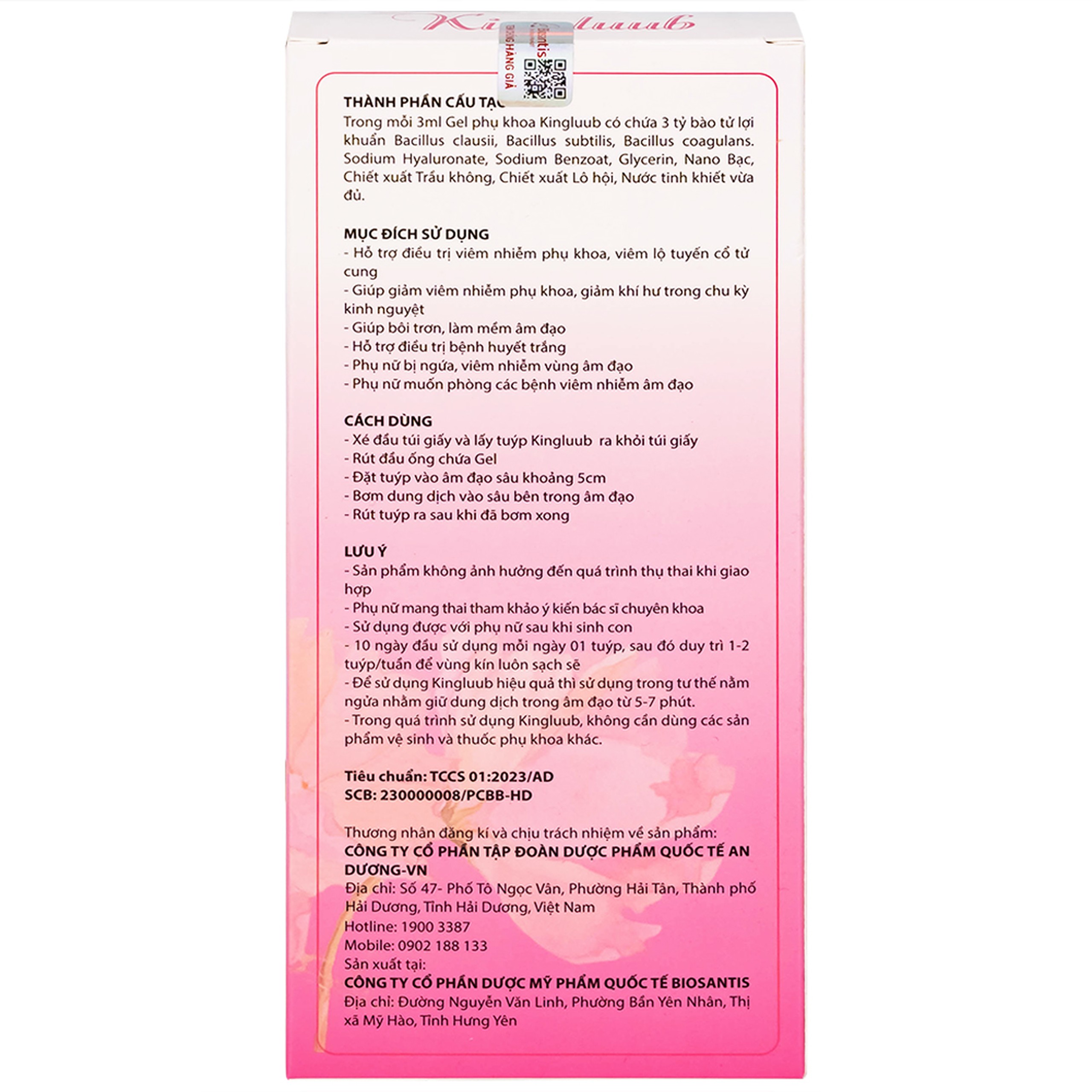 Gel phụ khoa Kingluub (5 tuýp x 3ml) hỗ trợ điều trị, giảm viêm nhiễm, bôi trơn, làm mềm vùng âm đạo 