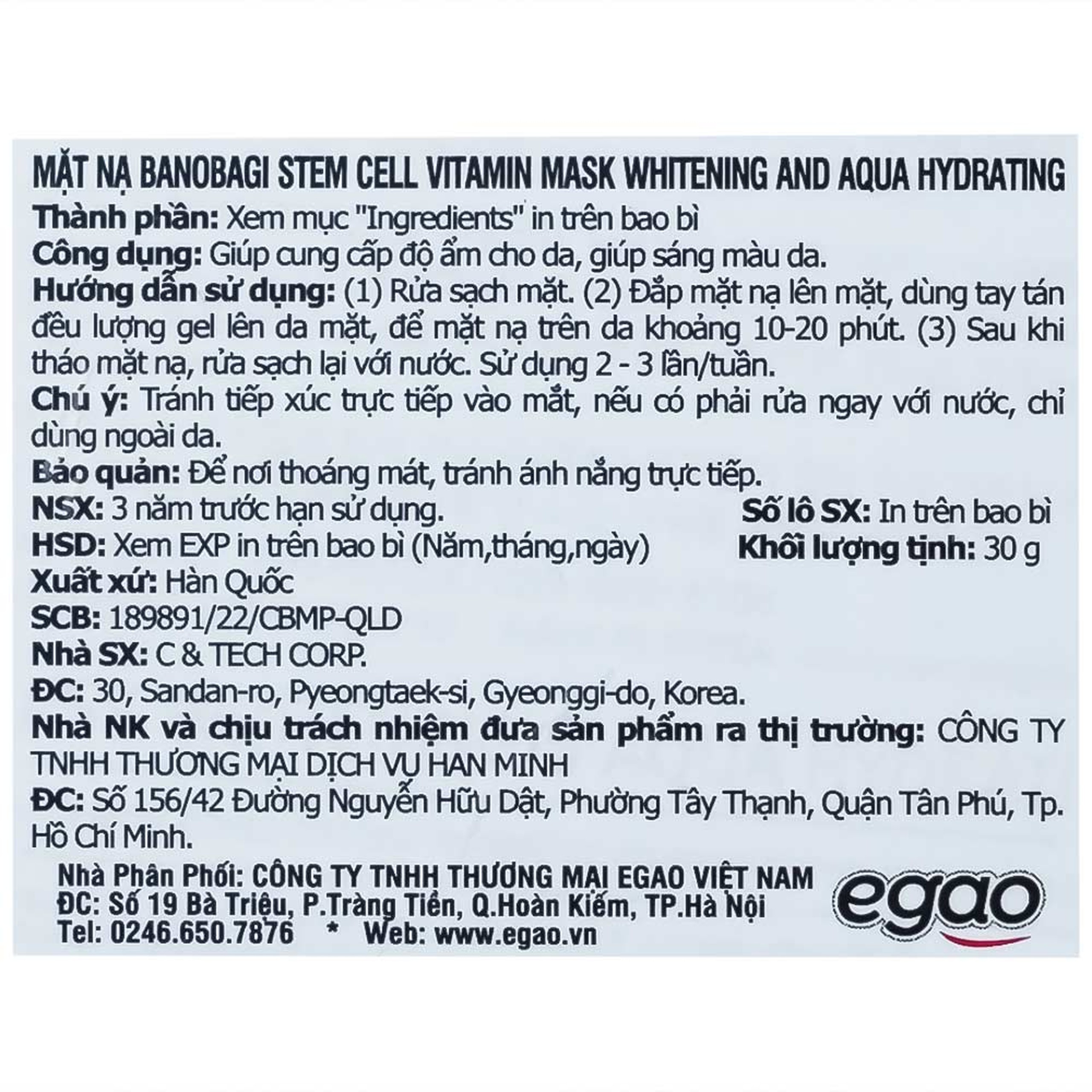 Mặt nạ dưỡng ẩm Banobagi Stem Cell Vitamin Mask Whitening & Aqua Hydrating 30g