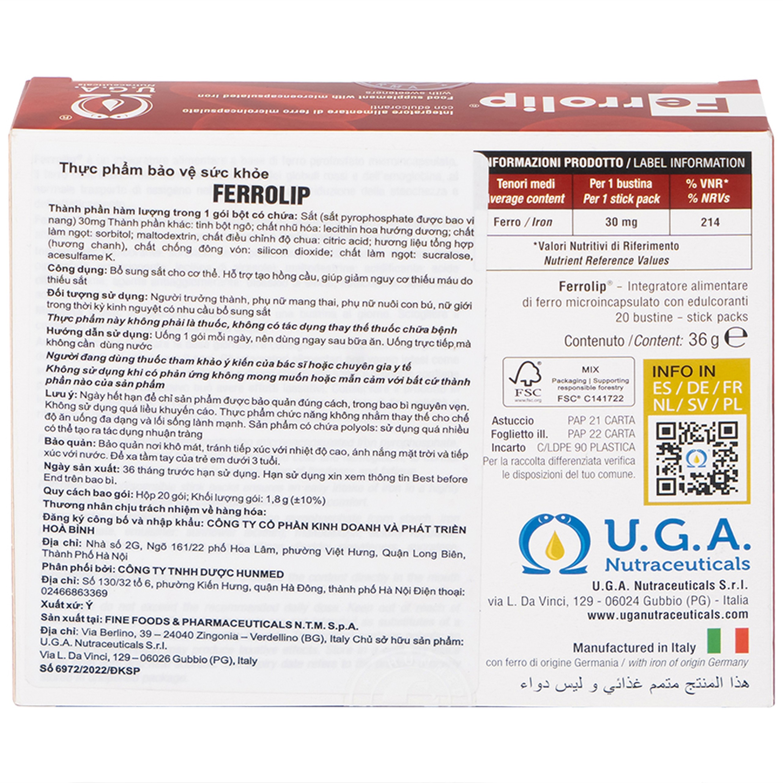 Sắt Ferrolip Uga hỗ trợ tạo hồng cầu, giúp giảm nguy cơ thiếu máu do thiếu sắt (20 gói)