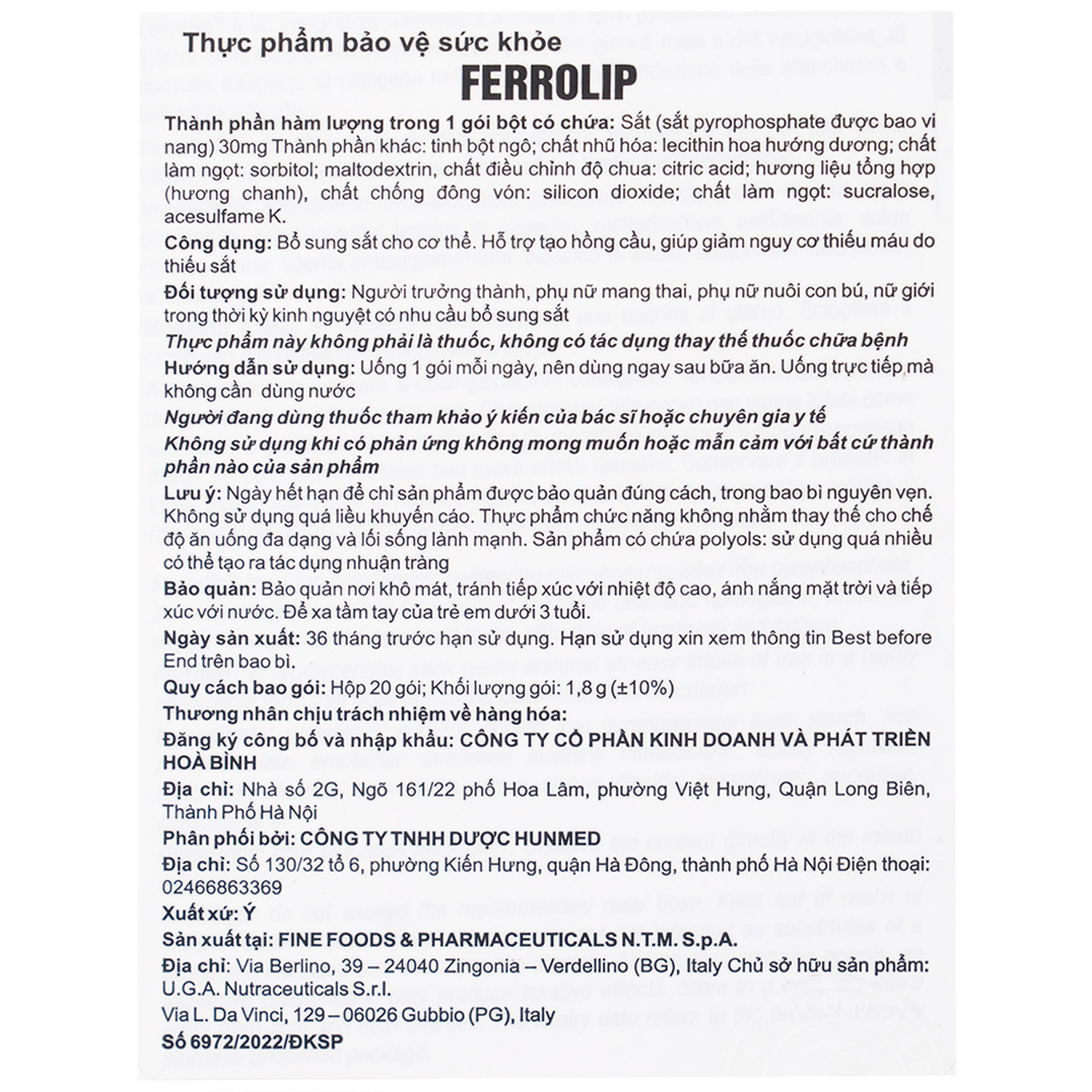 Sắt Ferrolip Uga hỗ trợ tạo hồng cầu, giúp giảm nguy cơ thiếu máu do thiếu sắt (20 gói)