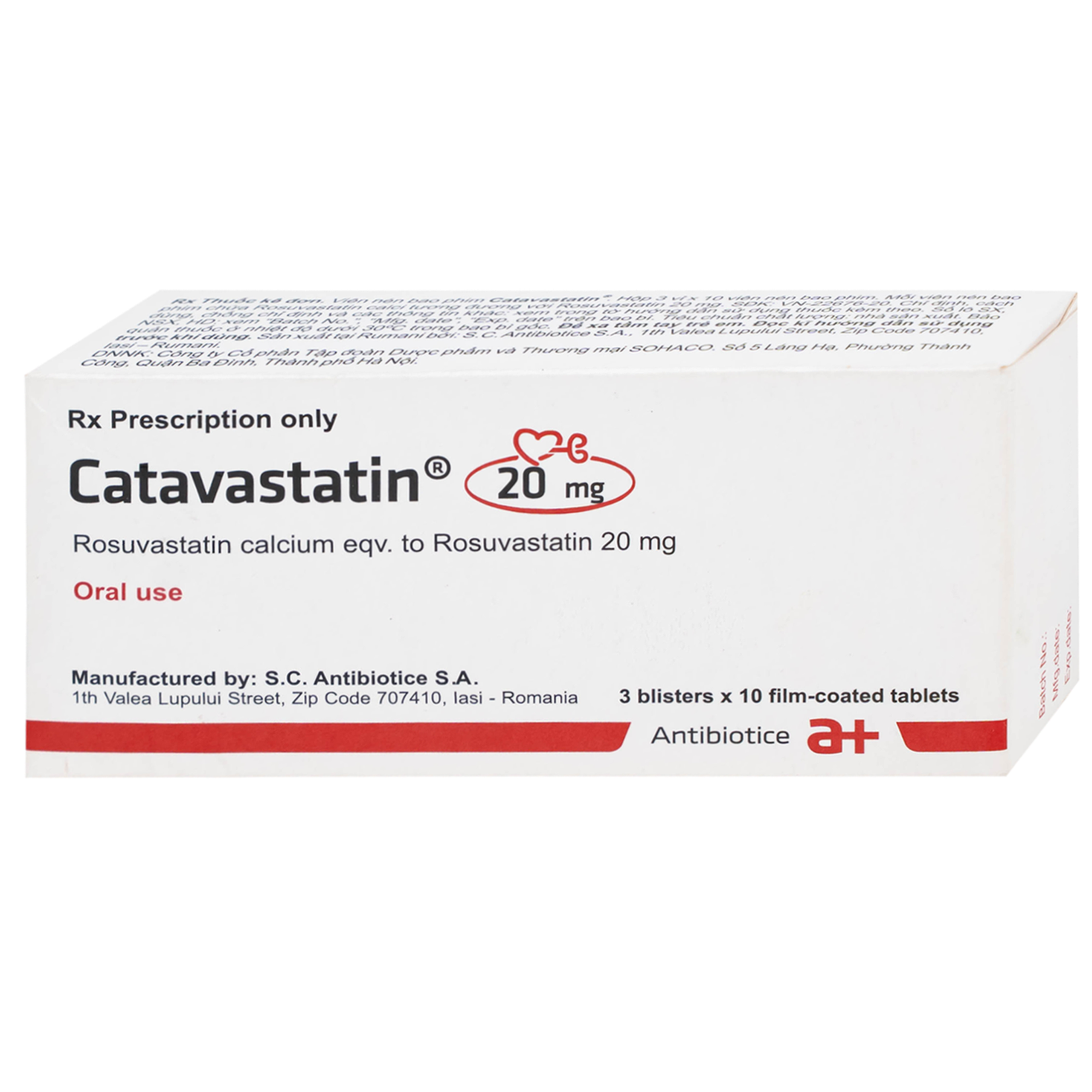 Thuốc Catavastatin 20mg Antibiotice điều trị tăng cholesterol máu và phòng ngừa biến cố tim mạch (3 vỉ x 10 viên)