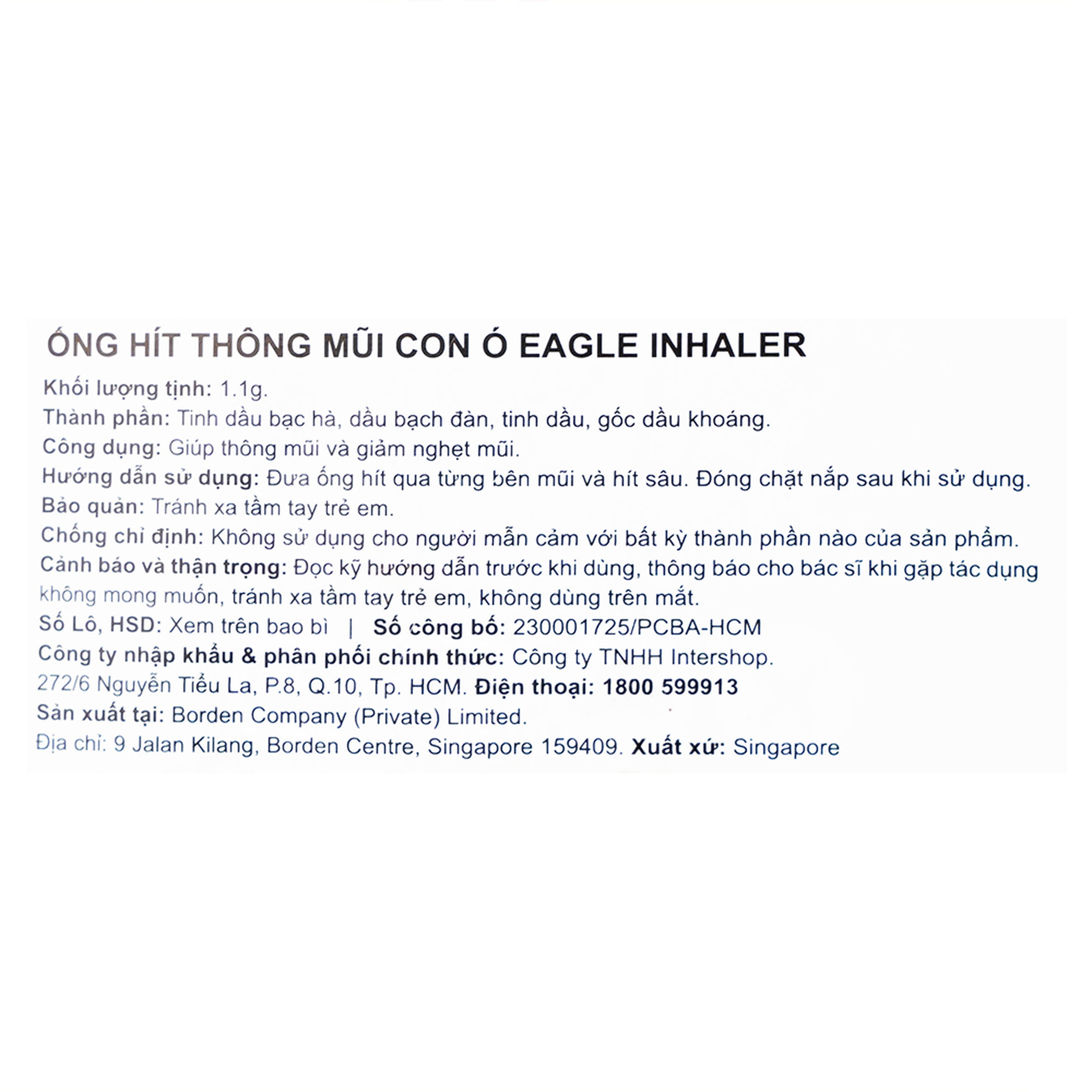Ống hít thông mũi con ó Eagle Inhaler 1.1g thông mũi, giảm nghẹt mũi (12 ống)