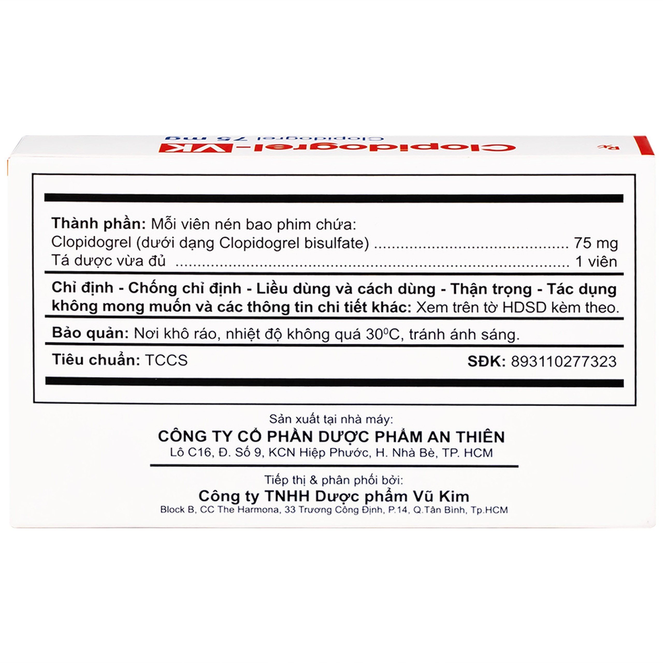 CLOPIDOGREL-VK 75MG AN THIÊN 3X10
