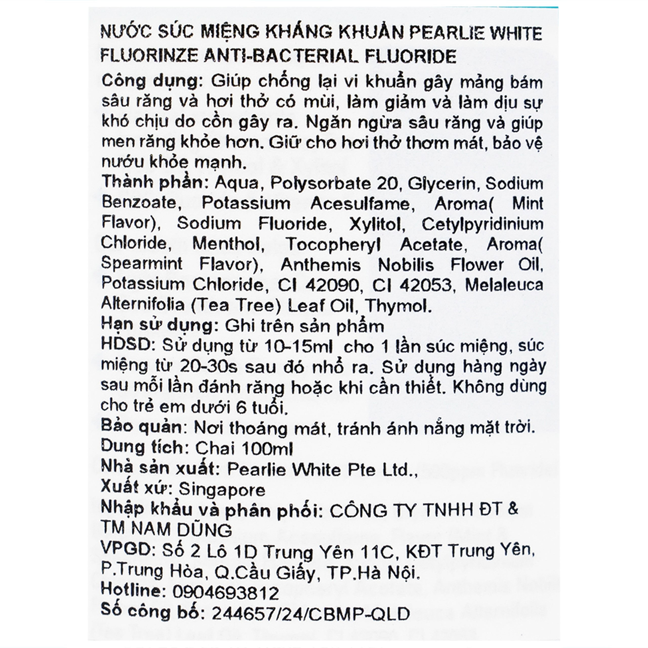 Nước súc miệng Pearlie White Fluorinze Anti-Bacterial Fluoride (100ml)