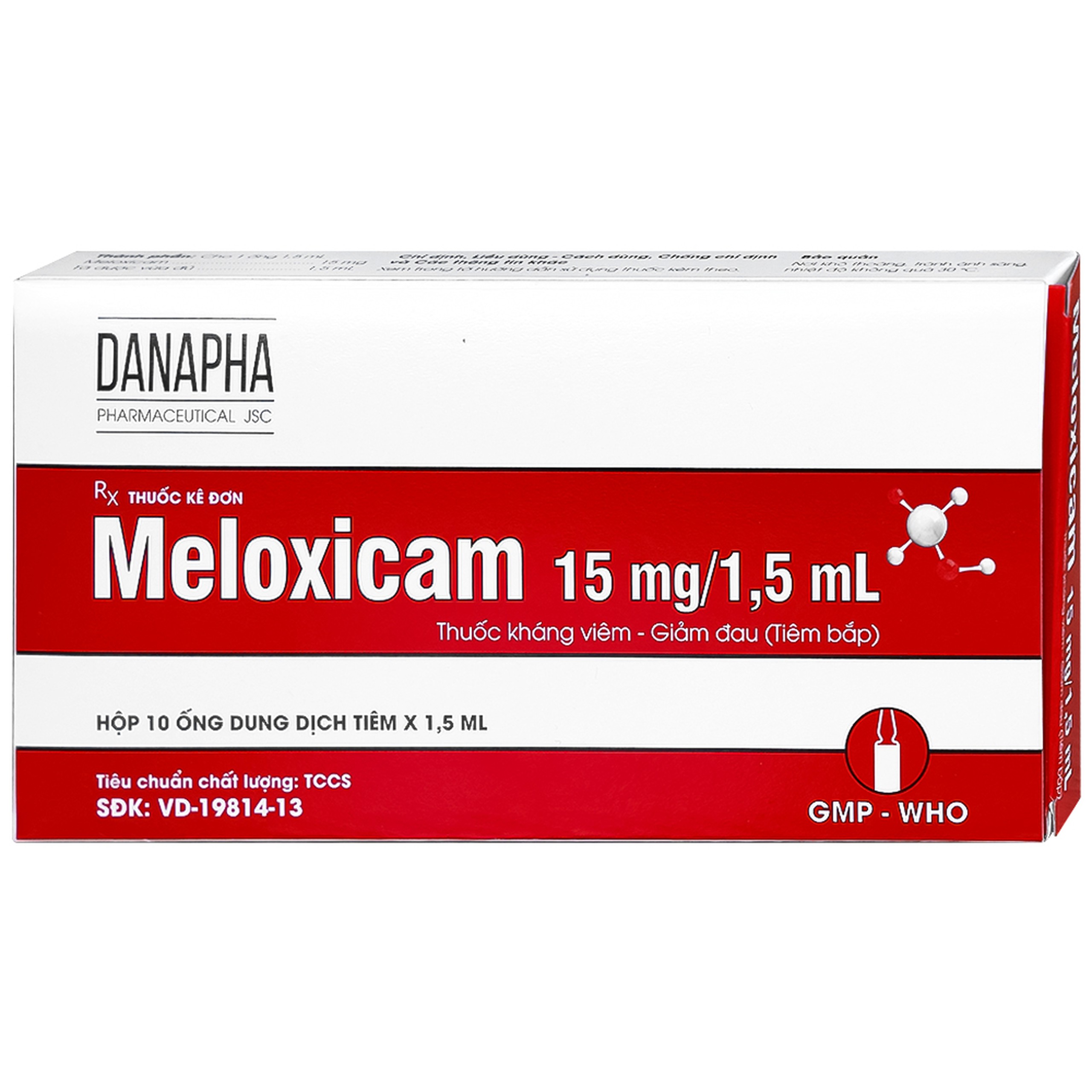 Dung dịch tiêm Meloxicam 15mg/1.5ml Danapha điều trị đau viêm xương khớp (10 ống)