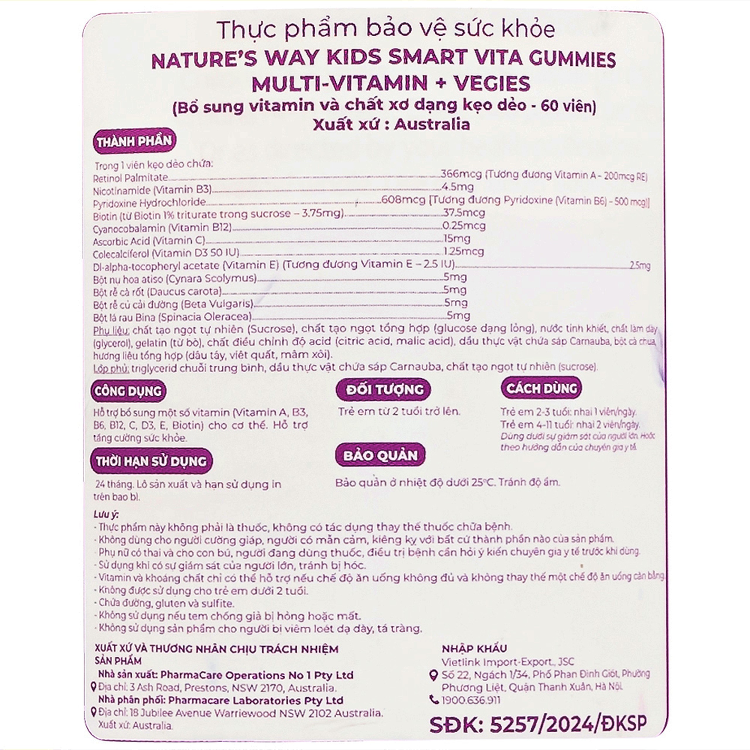 Viên nhai hỗ trợ bổ sung vitamin Kids Smart Vita Gummies Multi-vitamin Vegies Nature's Way (60 viên)