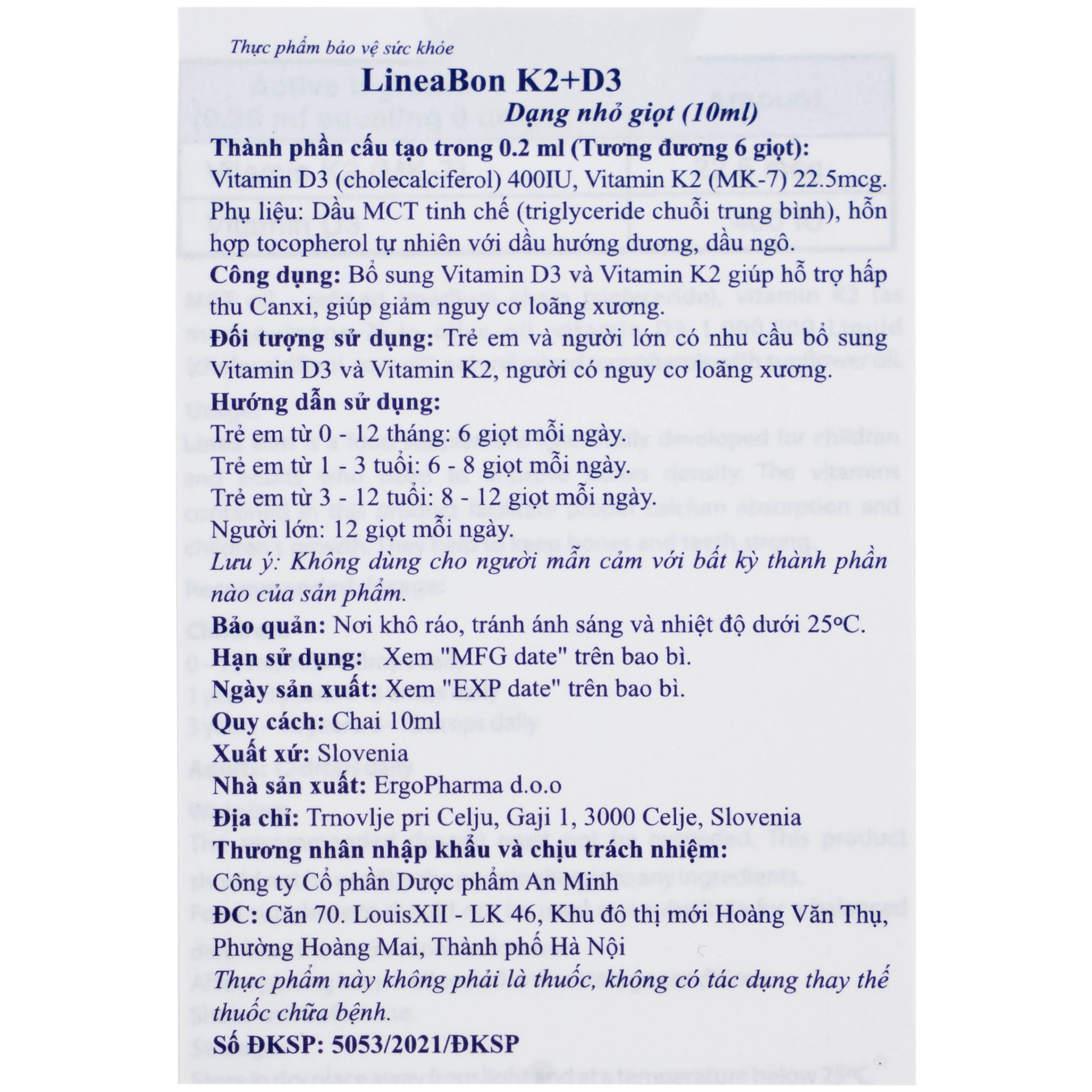 Dung dịch LineaBon K2+D3 ErgoPharm hỗ trợ bổ sung Vitamin (10ml)