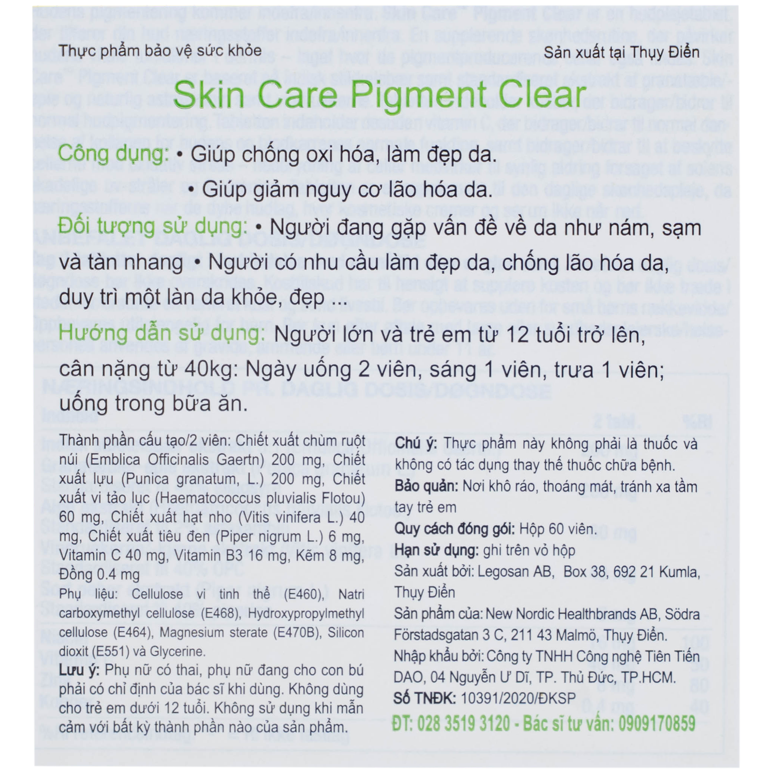 Viên uống giúp làm đẹp da, chống oxi hóa và giảm lão hóa da Skin Care Pigment Clear New Nordic (2 vỉ x 30 viên)