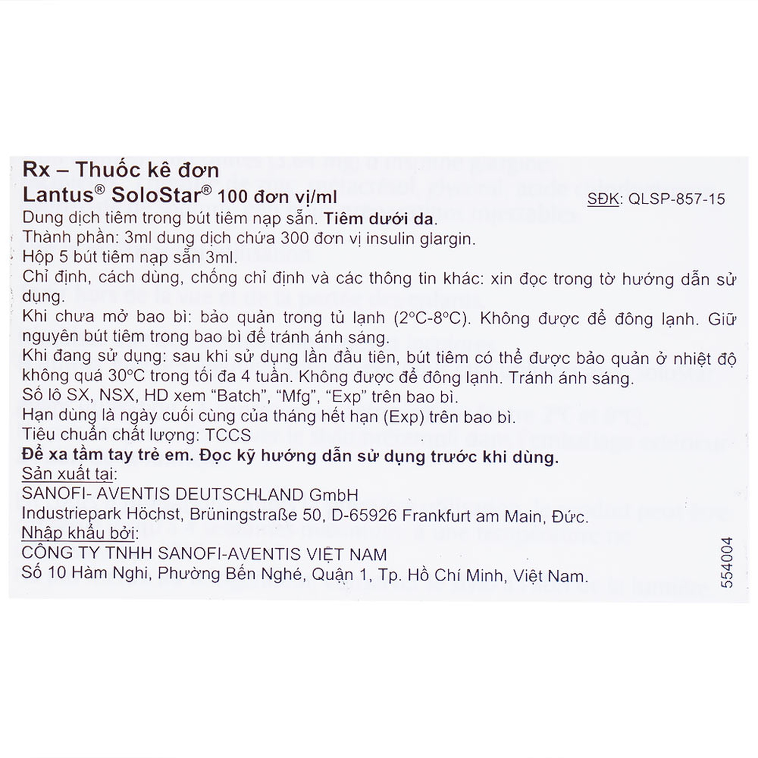 Bút tiêm Lantus SoloStar 100 Units/ml điều trị đái tháo đường (5 cây x 3ml)